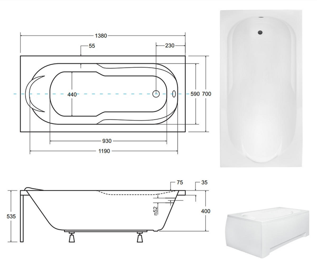 BADEWANNE Rechteck BONA 140/70 + Styro + Ablage Ablauf Füße - Weiß, Kunststoff (70/53.5/140cm) - bad land