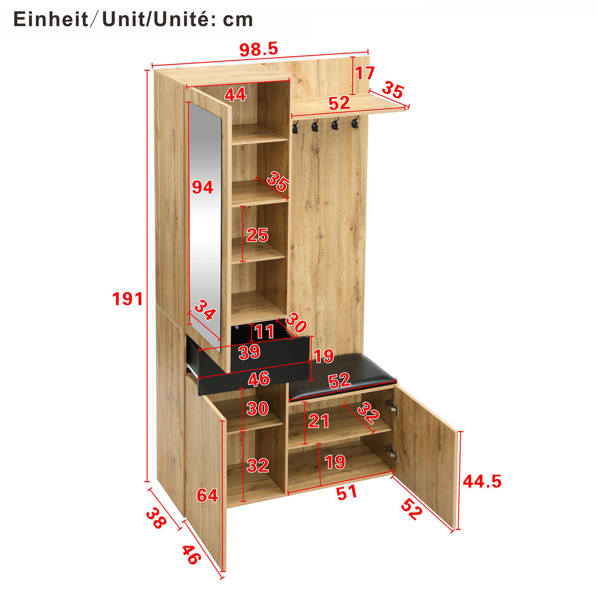 GARDEROBE mit Spiegel und Aufbewahrung 2 Türen und 3 Ablageflächen - Eichefarben, Holzwerkstoff/Metall (98/191/38cm) - Urban Meuble