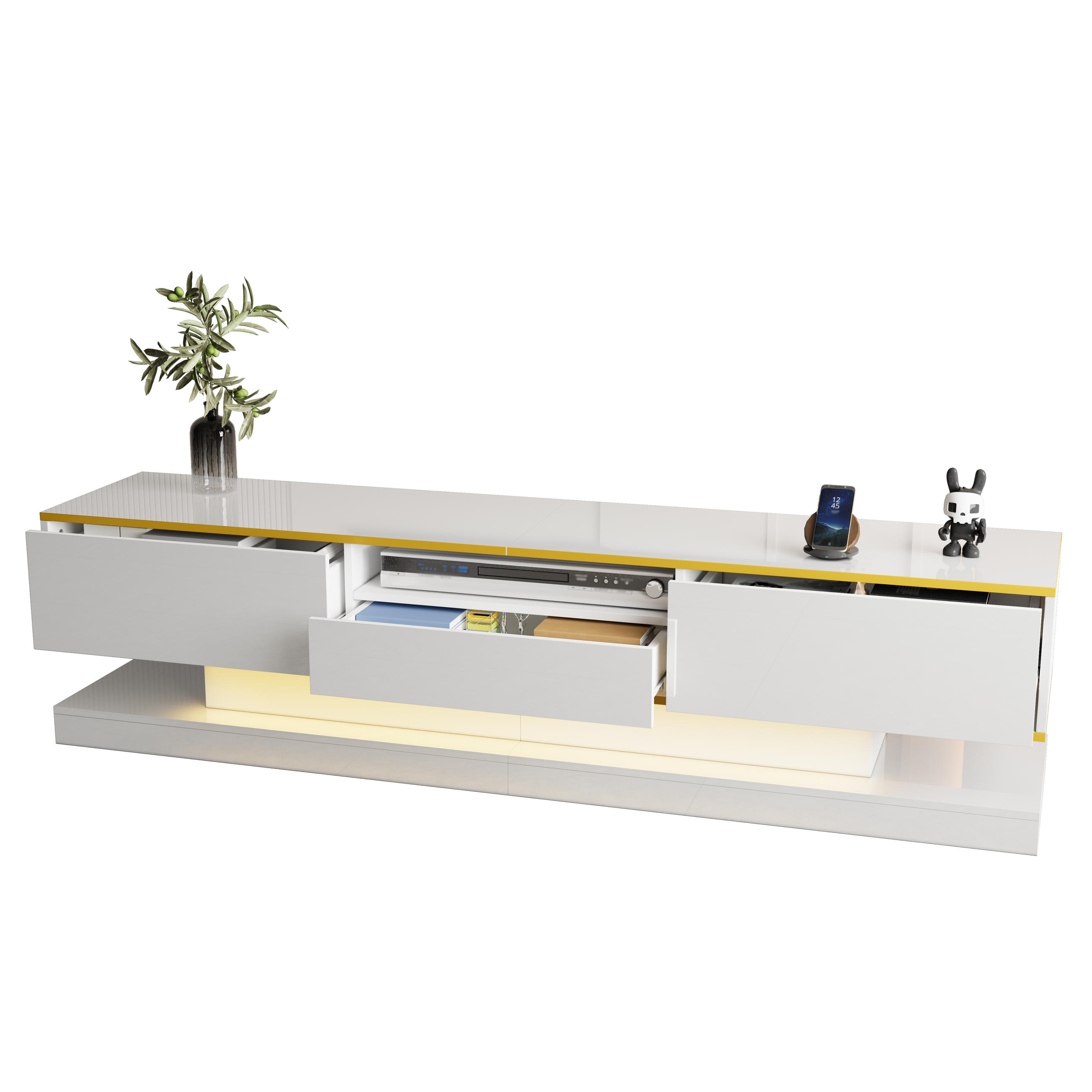 LOWBOARD in Weiß und Gold mit 3 Schubladen und LED-Beleuchtung für Wohnzimmer, B180/T38/H45 cm - Weiß, Holzwerkstoff/Metall (180/45/38cm) - STILVORA