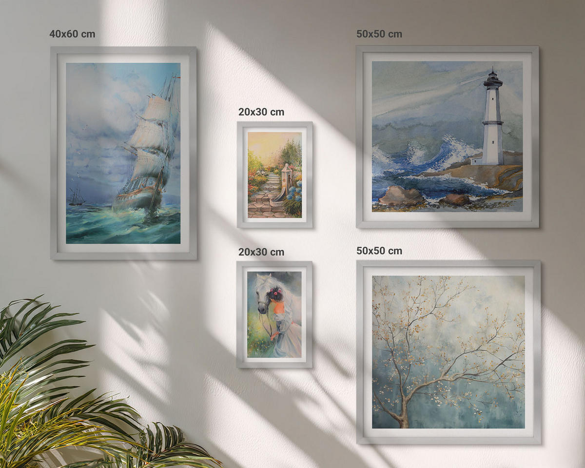 WANDBILDER 5er Set - 50x50 cm & 20x30 cm & 40x60 cm Silberner Rahmen - Familienillustrationen Hausschilder - Silberfarben, Kunststoff (40/60cm) - ArtPrintCave