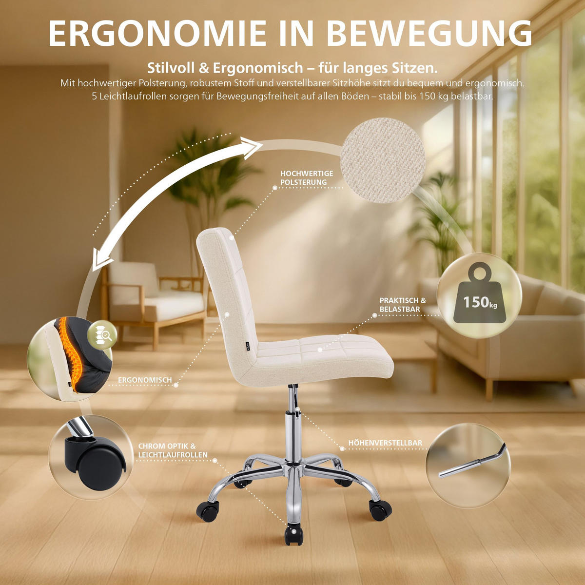 DREHSTUHL Stoff Creme - Chromfarben/Creme, Textil/Metall (47/93/56cm) - CLP