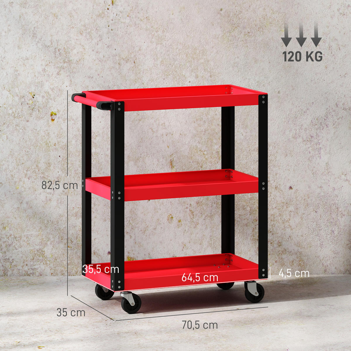 WERKSTATTWAGEN mit 3 Etagen Werkzeugwagen Transportwagen mit Griff - Rot, Metall (35/82.5/70.5cm) - HOMCOM