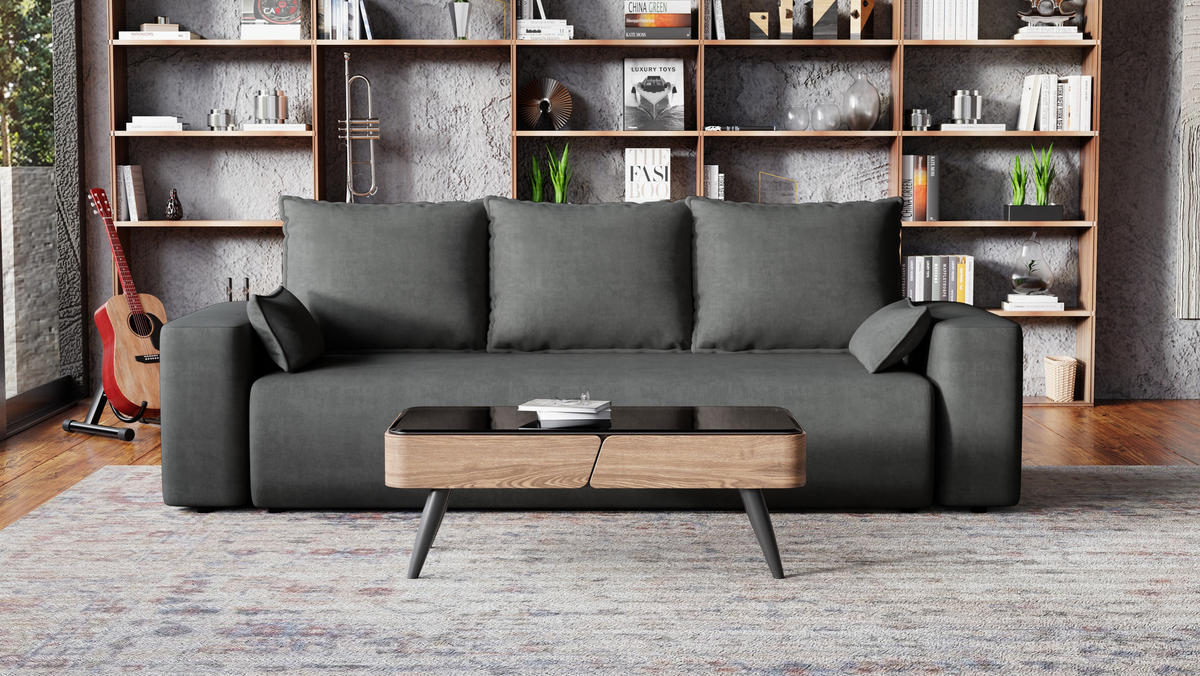 SOFA Bubi mit Bettkasten und Schlaffunktion, Velourstoff - Graphitfarben, Holzwerkstoff (242/85/95cm)