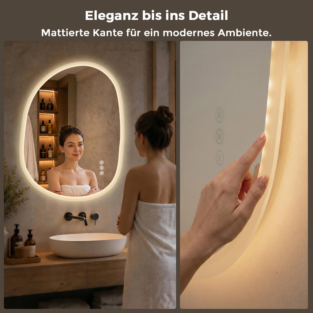 BADSPIEGEL mit Beleuchtung 70/50 cm asymmetrisch rahmenlos LED dimmbar mit Antibeschlag - Transparent, Glas (50/70/2.5cm) - S'AFIELINA