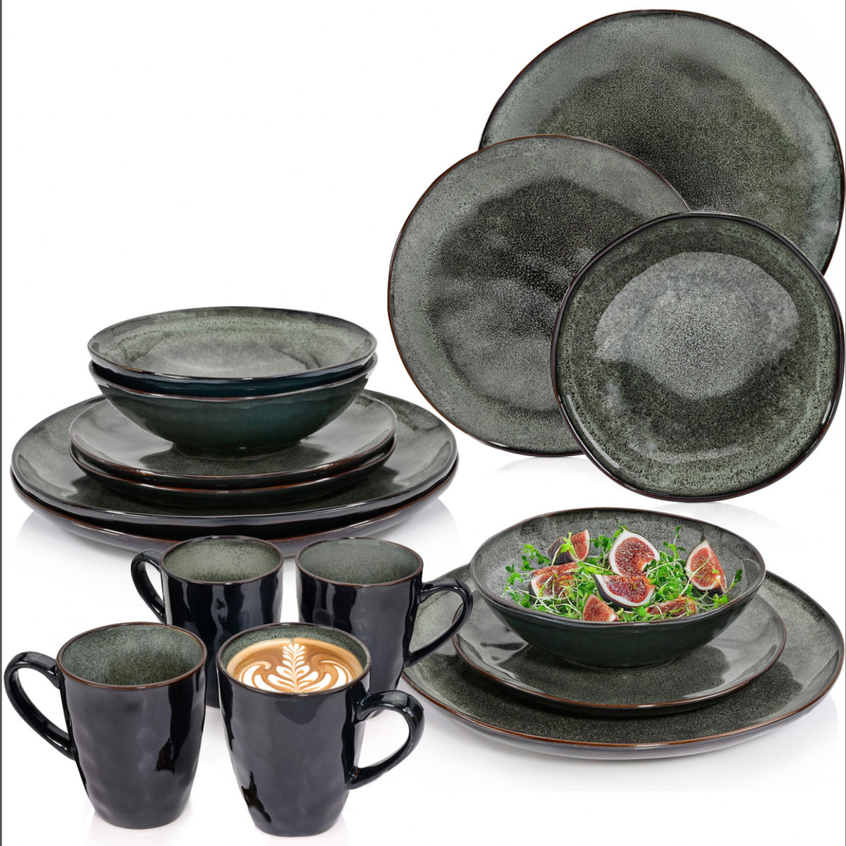 SÄNGER Steingut Geschirrset Kopenhagen, Kombiservice 16 teilig für 4 Personen - Grün, Stein (50/30/80cm) - Sänger