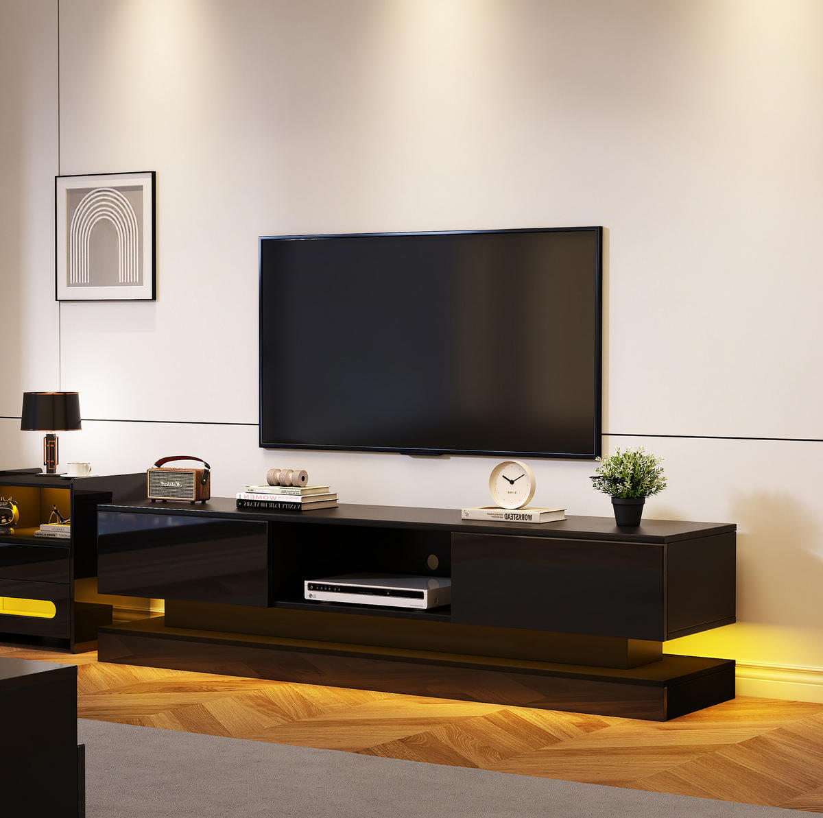 TV-LOWBOARD mit LED 160 x 35 x 40,5 cm Schwarz Hochglanz - Schwarz, Holzwerkstoff (35/40.5/160cm) - Beauniv