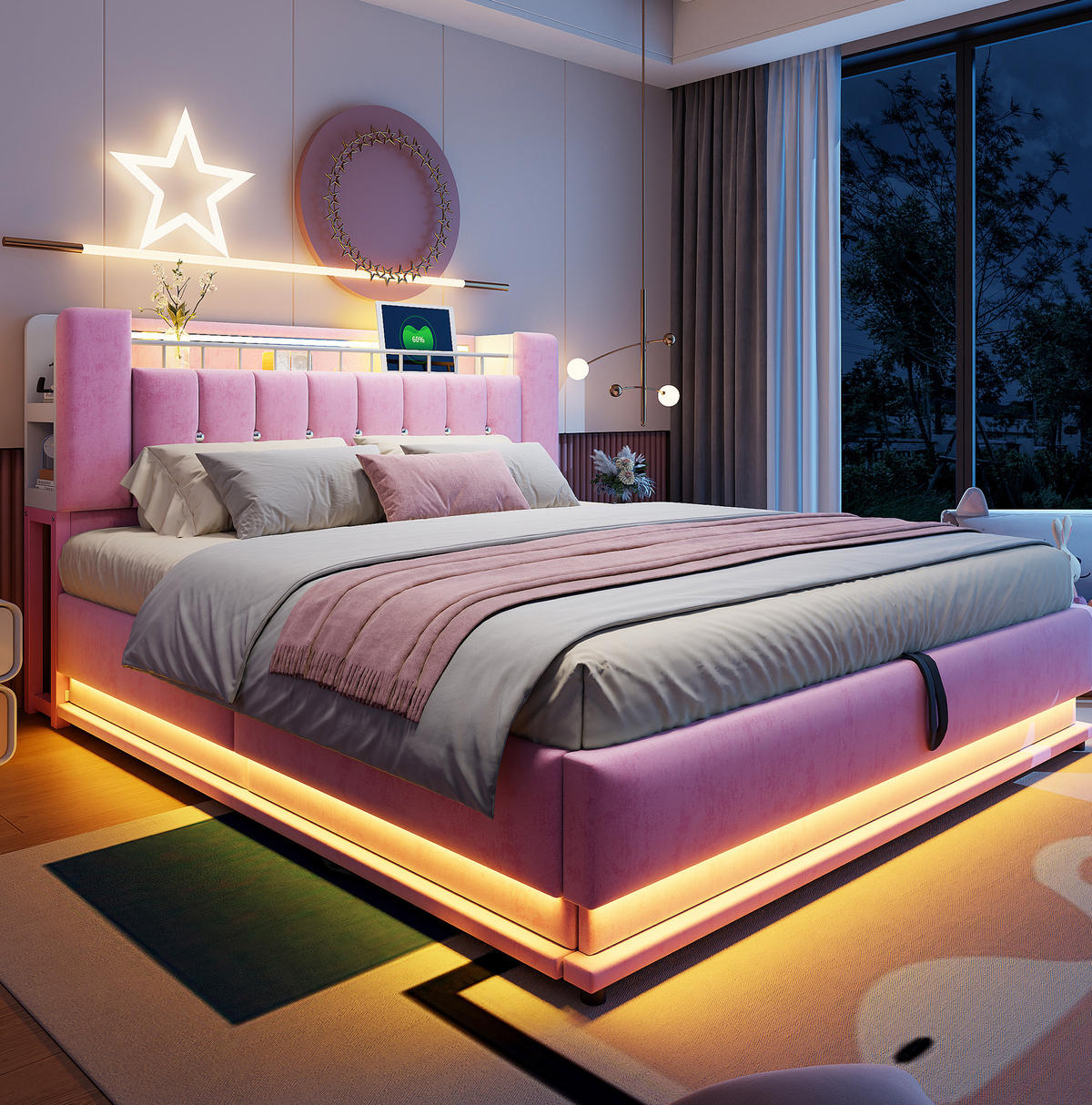 POLSTERBETT mit LED-Beleuchtung 180/200 cm mit Bettkasten und USB in Rosa - Rosa, Textil (180/200cm) - BEAOK