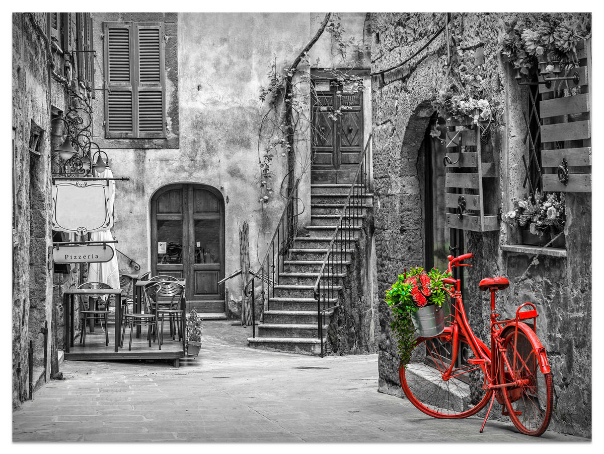 FOTOTAPETE für Wohnzimmer Italienische Gasse Rotes Fahrrad Toskana 150x105 - Rot/Schwarz, Papier (150/105cm) - Muralo