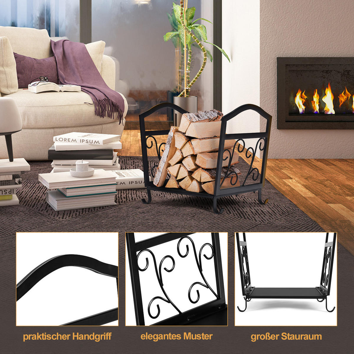 KAMINHOLZREGAL Schwarz - Schwarz, Metall (33/40/43cm) - COSTWAY