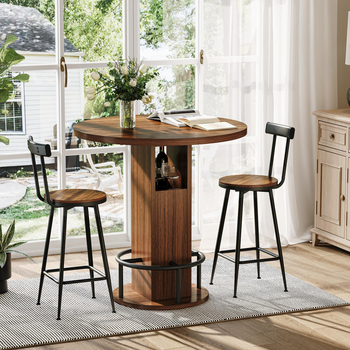 BARTISCH-SET DE-39330 3-teilig, rund, mit 2 Hockern Walnuss - Walnussfarben, Holzwerkstoff (80/91.5/80cm) - ComfortXL