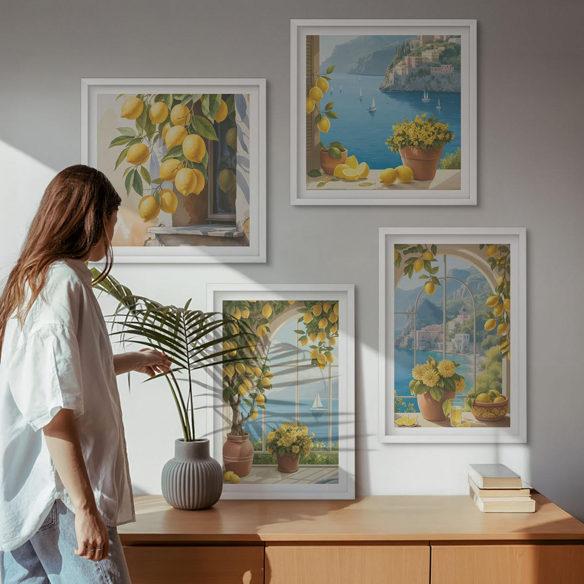 BILDER SET 4er Set - 50x50 cm & 40x60 cm Weißer Rahmen - Meereslandschaften, Zitronen, Fenster - Weiß, Kunststoff (50/50cm) - TULUP