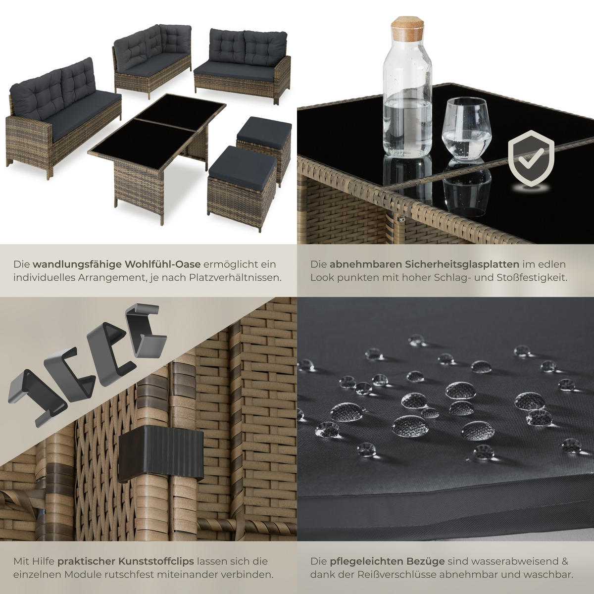 RATTANLOUNGE Barletta,mit Sicherheitsglasplatten,natur - Naturfarben, Kunststoff - tectake