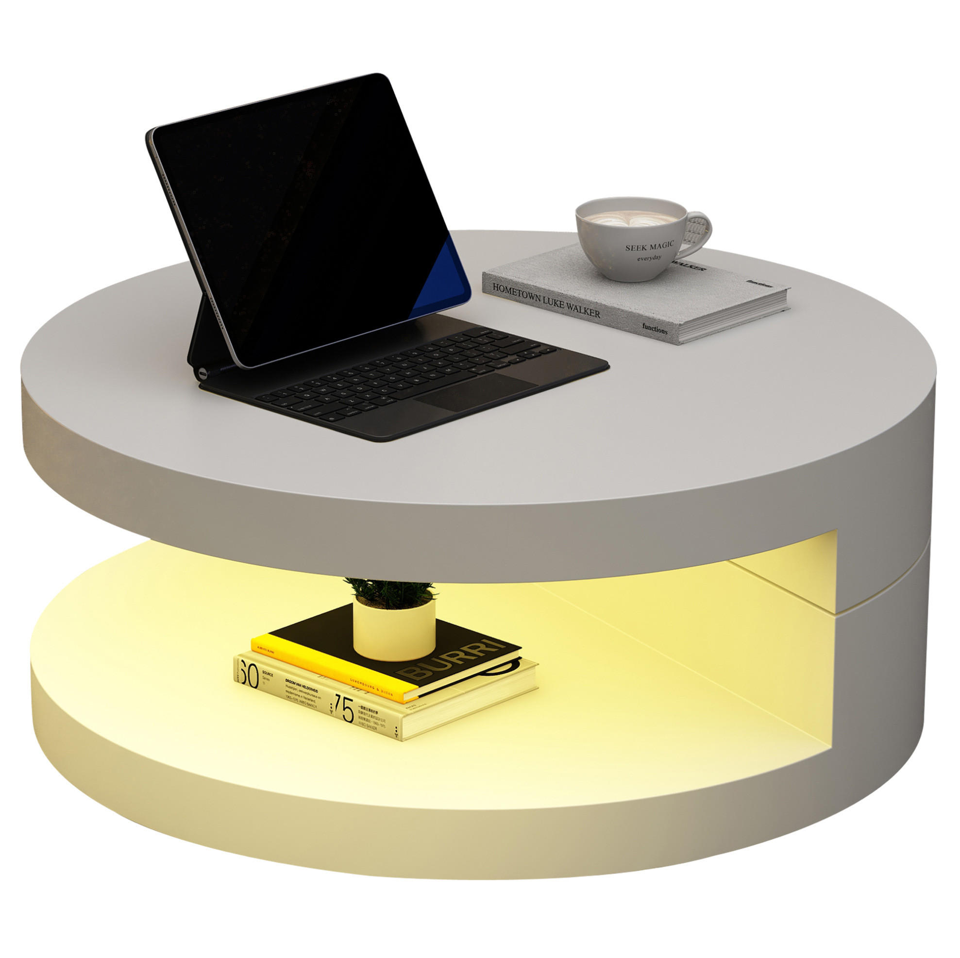 COUCHTISCH 70/70/35,5 cm Weiß aus MDF mit drehbarer Tischplatte und LED-Beleuchtung - Weiß, Holzwerkstoff (70/70/35.5cm) - OKWISH