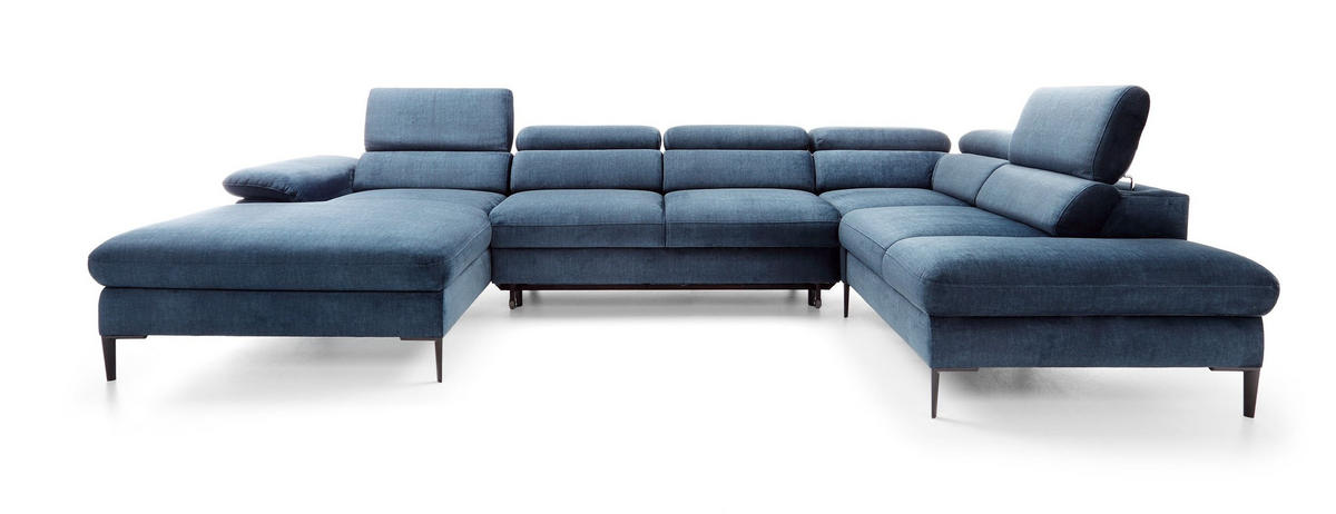 WOHNLANDSCHAFT MESTO Blau Velours-Stoff mit Schlaffunktion - Blau, Holz (353/94/182cm) - MASSENO