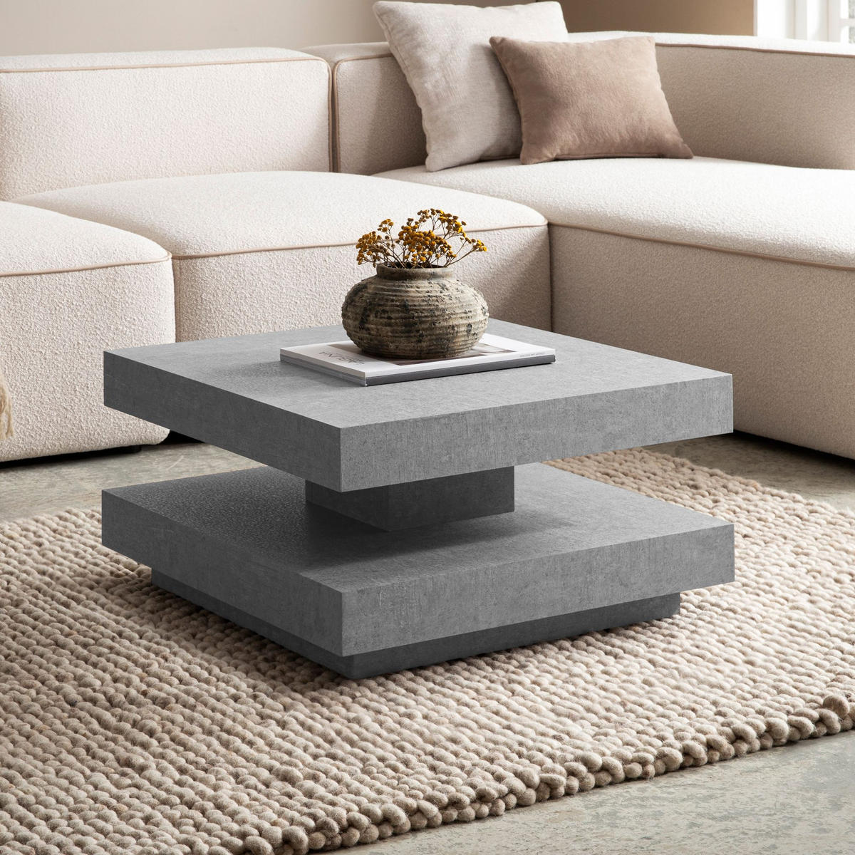 COUCHTISCH in Stein-Optik mit Stauraum, Modernes Design, Quadratisch, Grau 60x60x34 cm - Grau, Holzwerkstoff (60/60/34cm) - KADIMA DESIGN