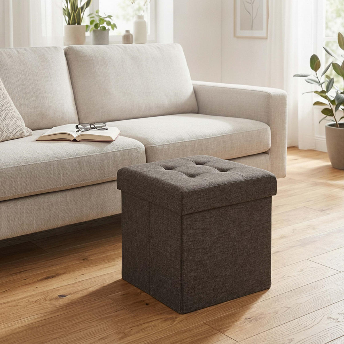 TABURET Tmavosivý s úložným priestorom skladací látka 41x38x38 cm - sivá, kompozitné drevo/textil (38/41/38cm) - Relaxdays