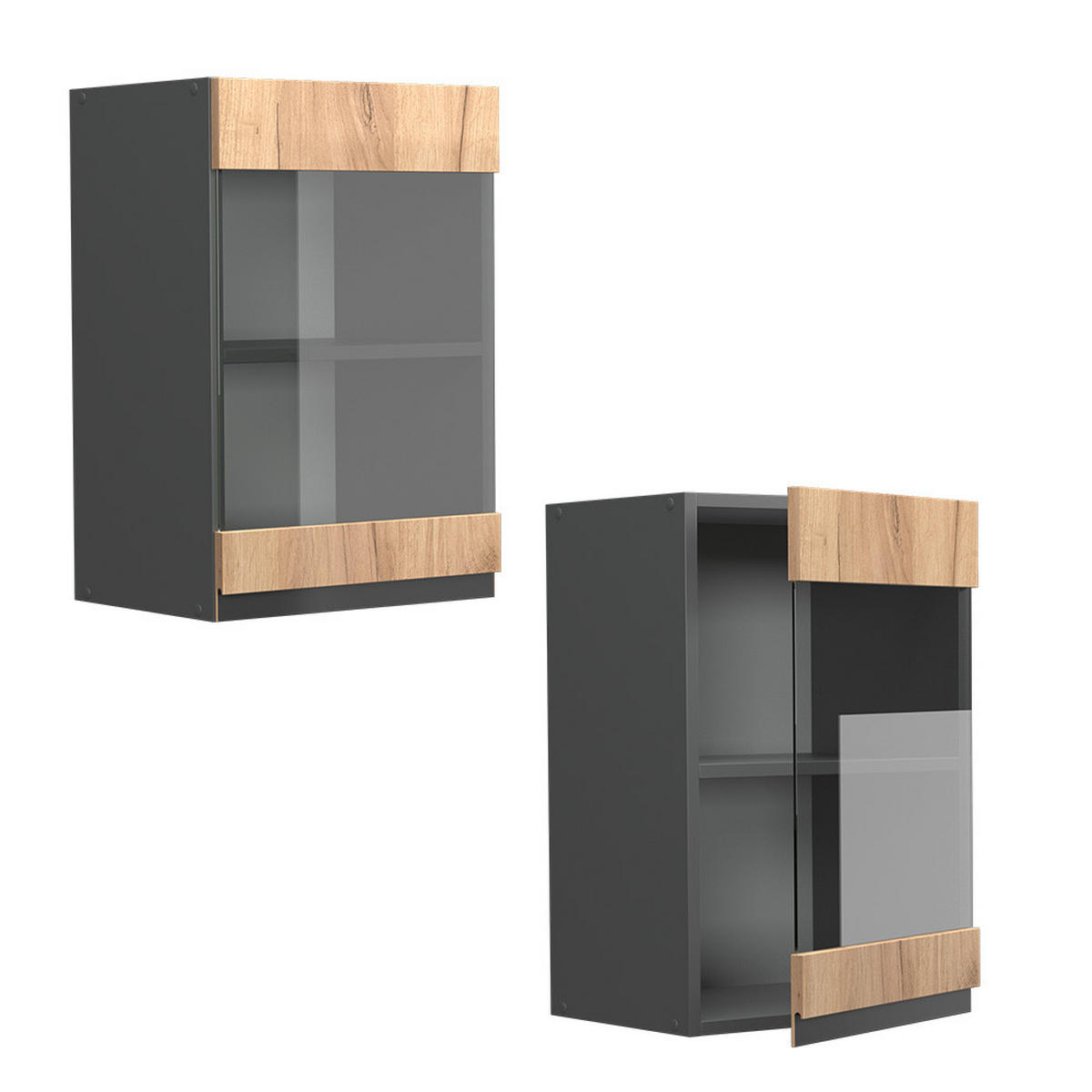 KÜCHENGLASSCHRANK R-Line Goldkraft Eiche 40 cm J-Shape - Honigeiche/Anthrazit, Holzwerkstoff (40/60/31cm) - Vicco