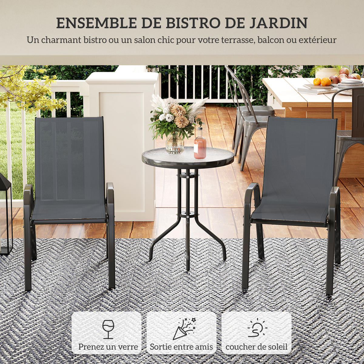 BALKONSET 3-teilig DE-14200 2 Stapelsessel, Glastisch Dunkelgrau - Dunkelgrau, Metall - ComfortXL