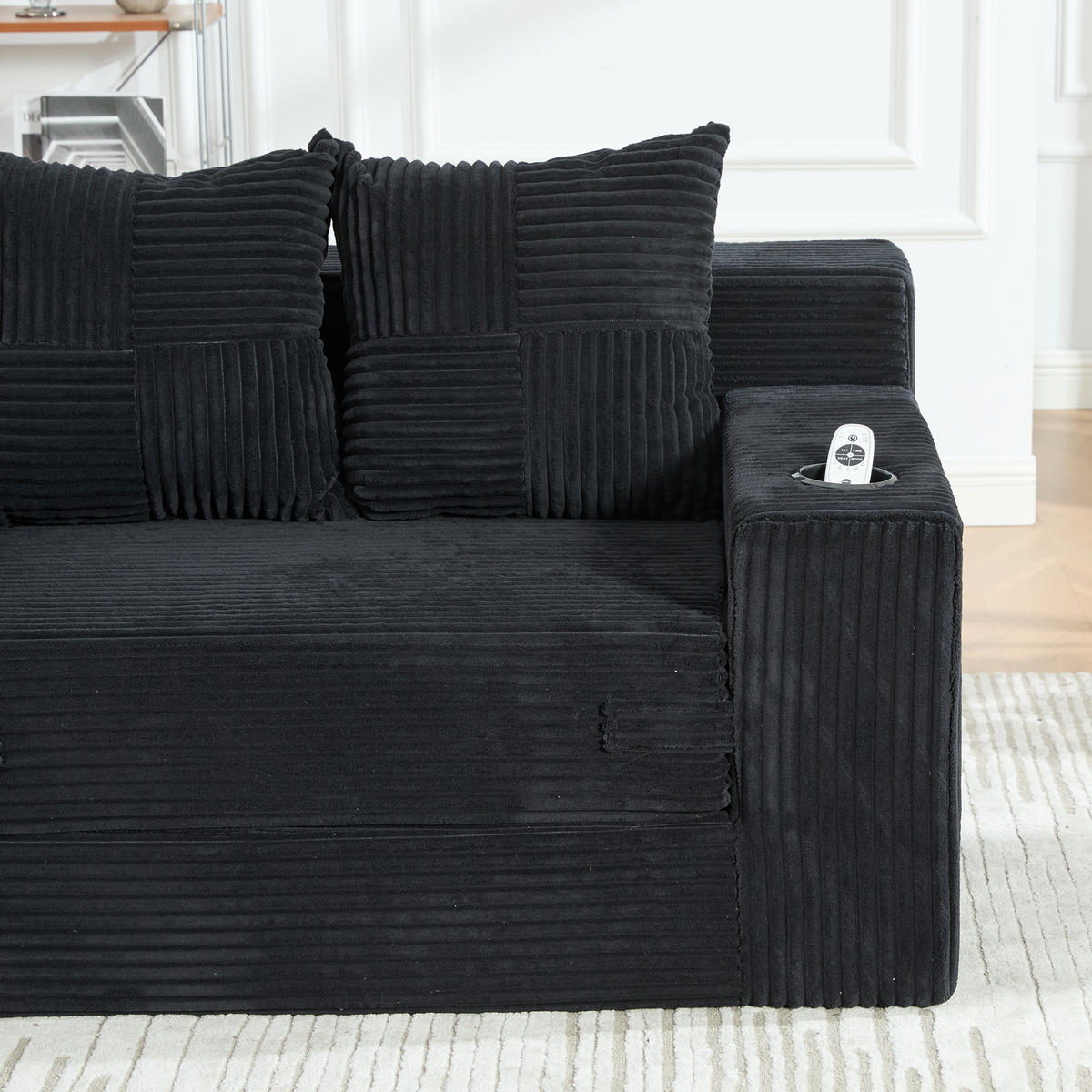 SCHLAFSOFA 2-in-1 mit Hocker, 2 Kissen und Becherhalter, DE-42913, Schwarz - Schwarz, Textil (133/64/87cm) - ComfortXL