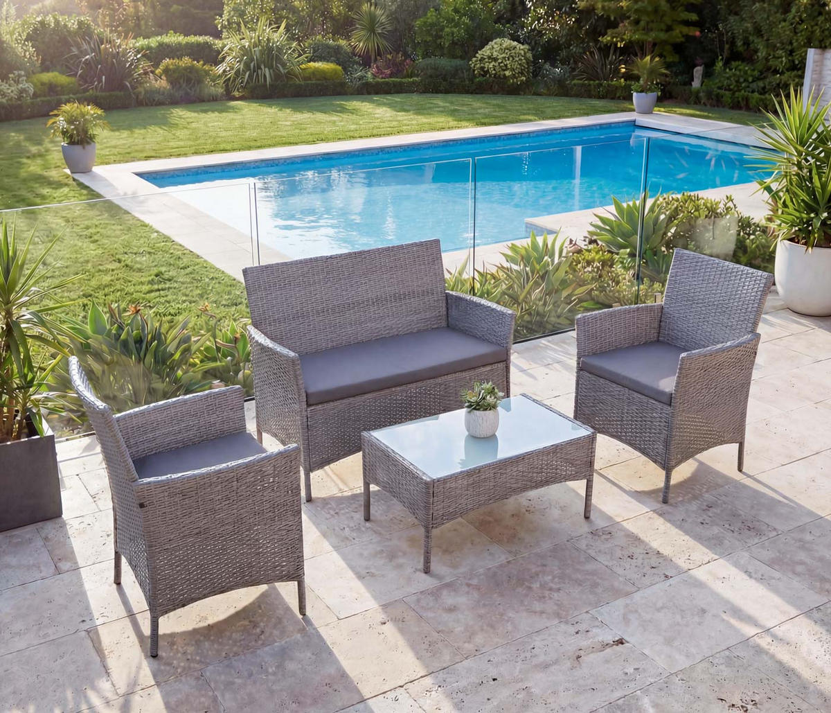 POLY-RATTAN GARTEN-GARNITUR Grau - Anthrazit/Grau, Kunststoff - MCW