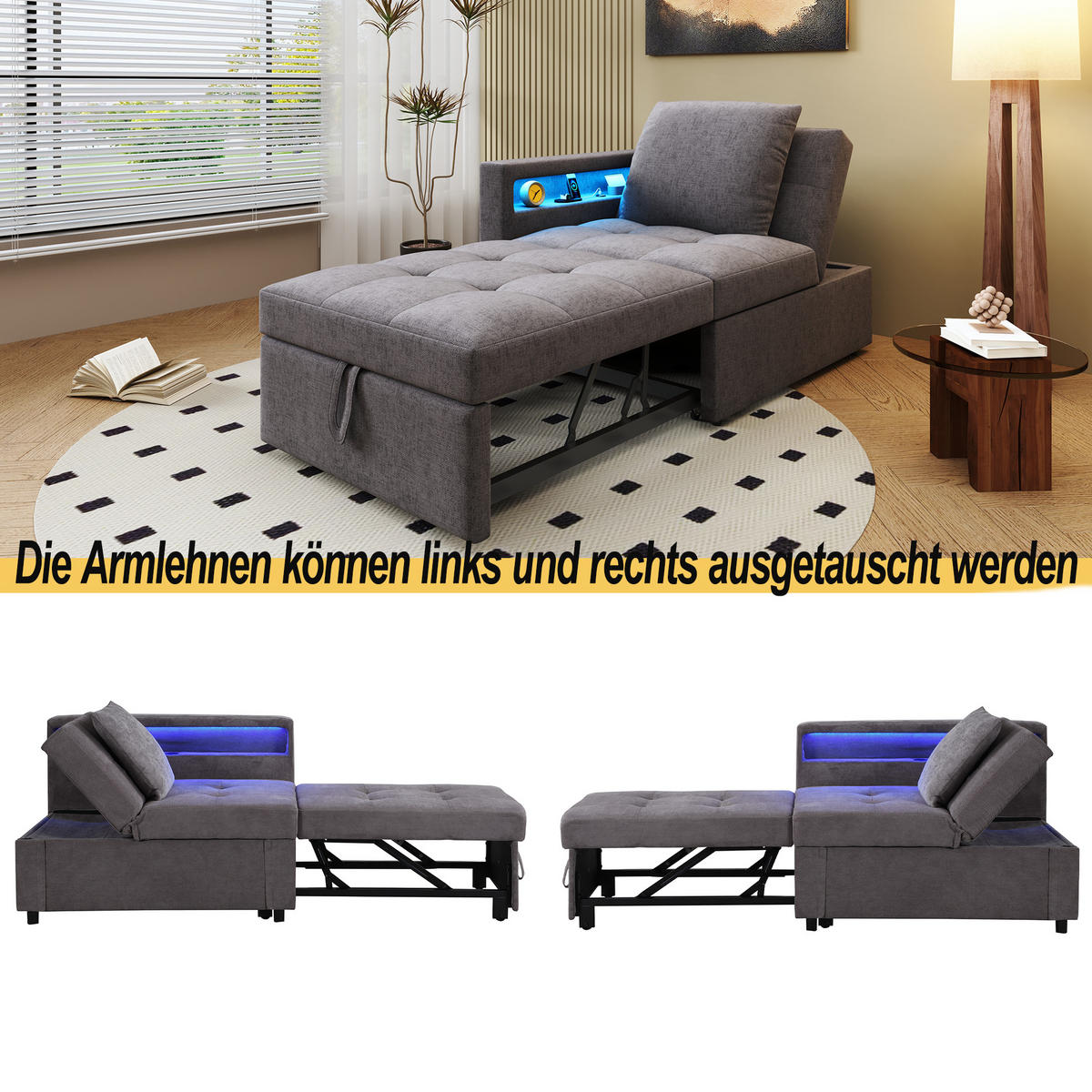 SCHLAFSOFA 3-in-1 Leinenstoff mit 5-fach verstellbarer Rückenlehne und USB-Anschluss Dunkelgrau 177/68/65 cm - Dunkelgrau, Textil (68/65/177cm) - Redom