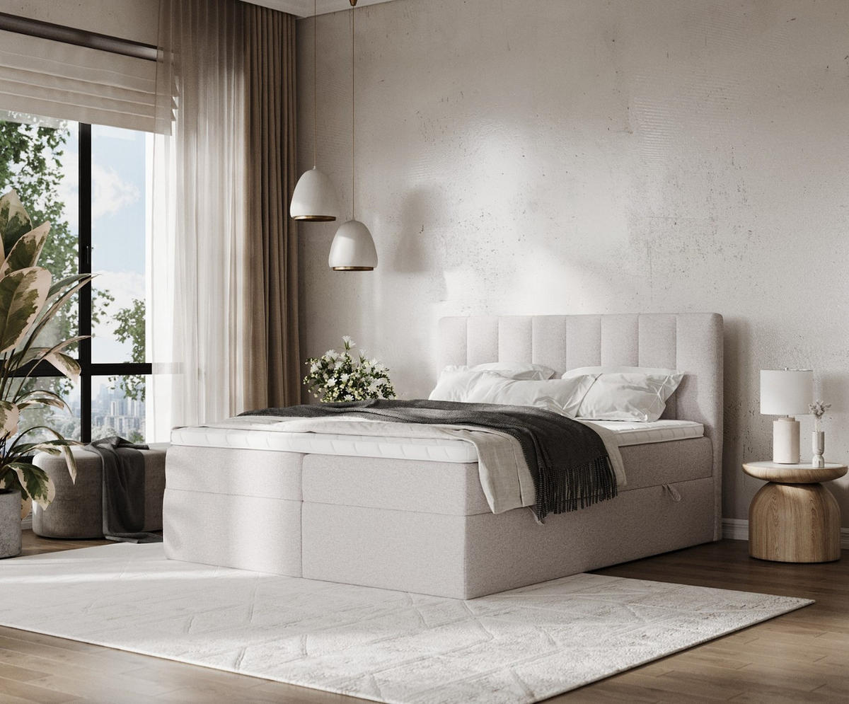 BOXBETT Bari 200/200 cm Beige im Riva Stoff - Beige, Holz/Holzwerkstoff (200/200cm) - AltaBeds