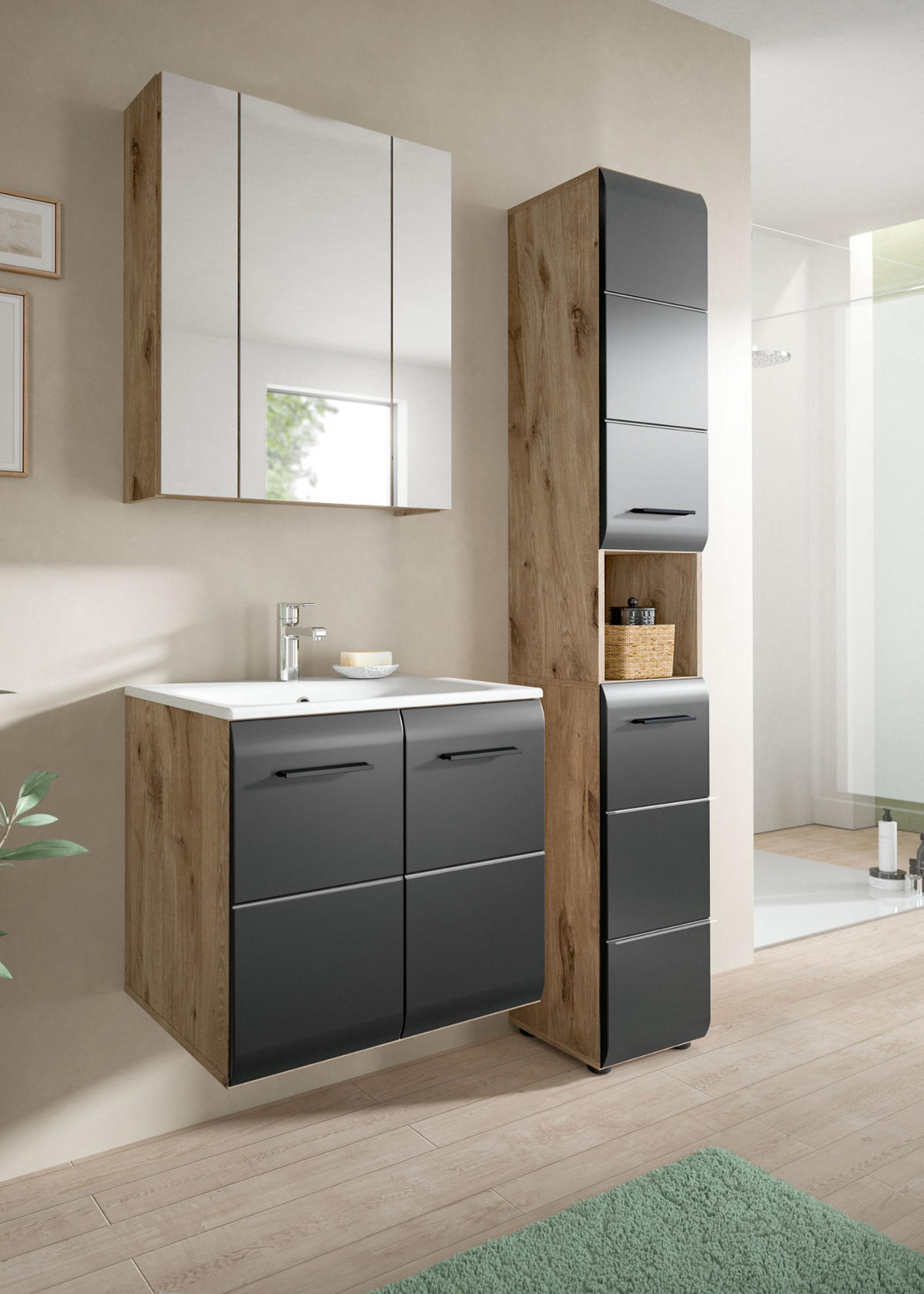 BADMÖBEL-SET 3-teilig Schwarz matt, Eiche Nox, Badezimmer Komplett-Set mit Waschbecken, 105 x 185 cm - Eichefarben/Schwarz, Glas/Keramik (105/185/46cm) - Inn.Furn