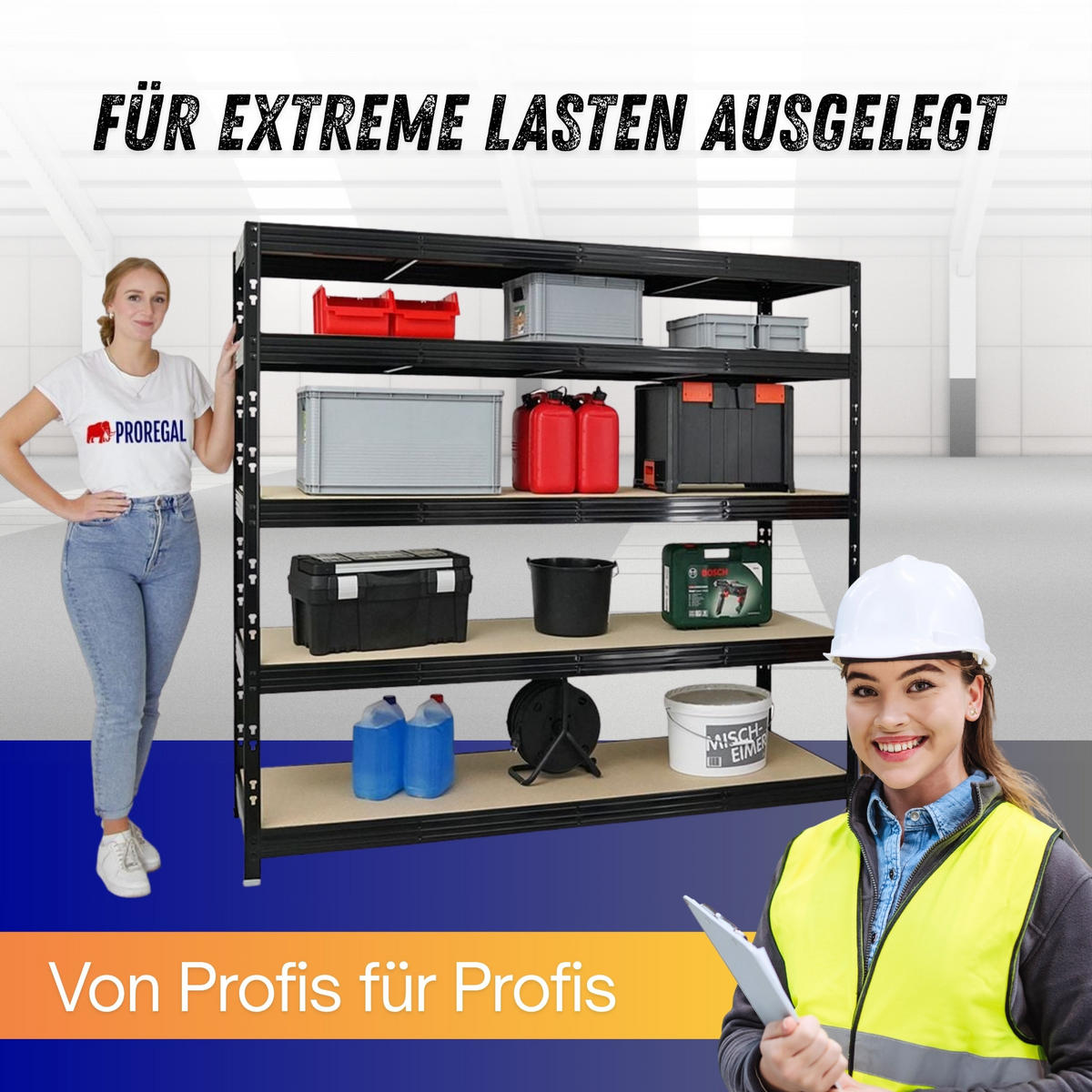 SCHWERLASTREGAL Rhino 180x200x60 cm 5 Spanplatten-Ebenen 8mm Fachlast 500 kg Schwarz - Schwarz, Metall (200/180/60cm) - PROREGAL