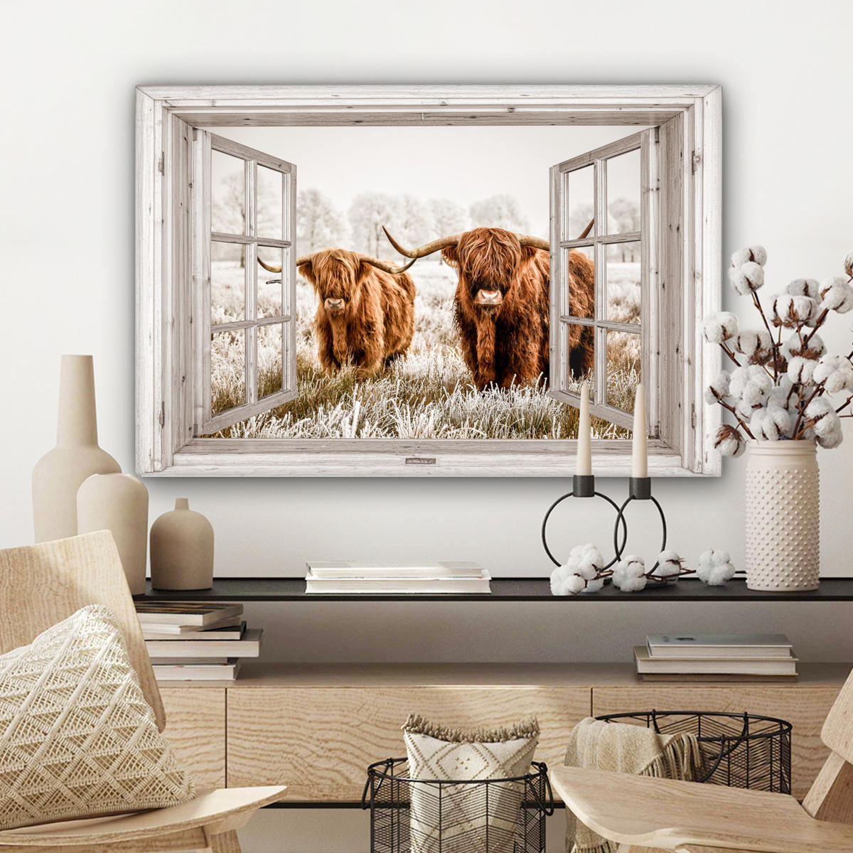 LEINWANDBILD Durchblick - Schottische Highlander - Tiere Wanddeko 90x60 cm - Hellbraun, Textil (90/60cm) - MuchoWow
