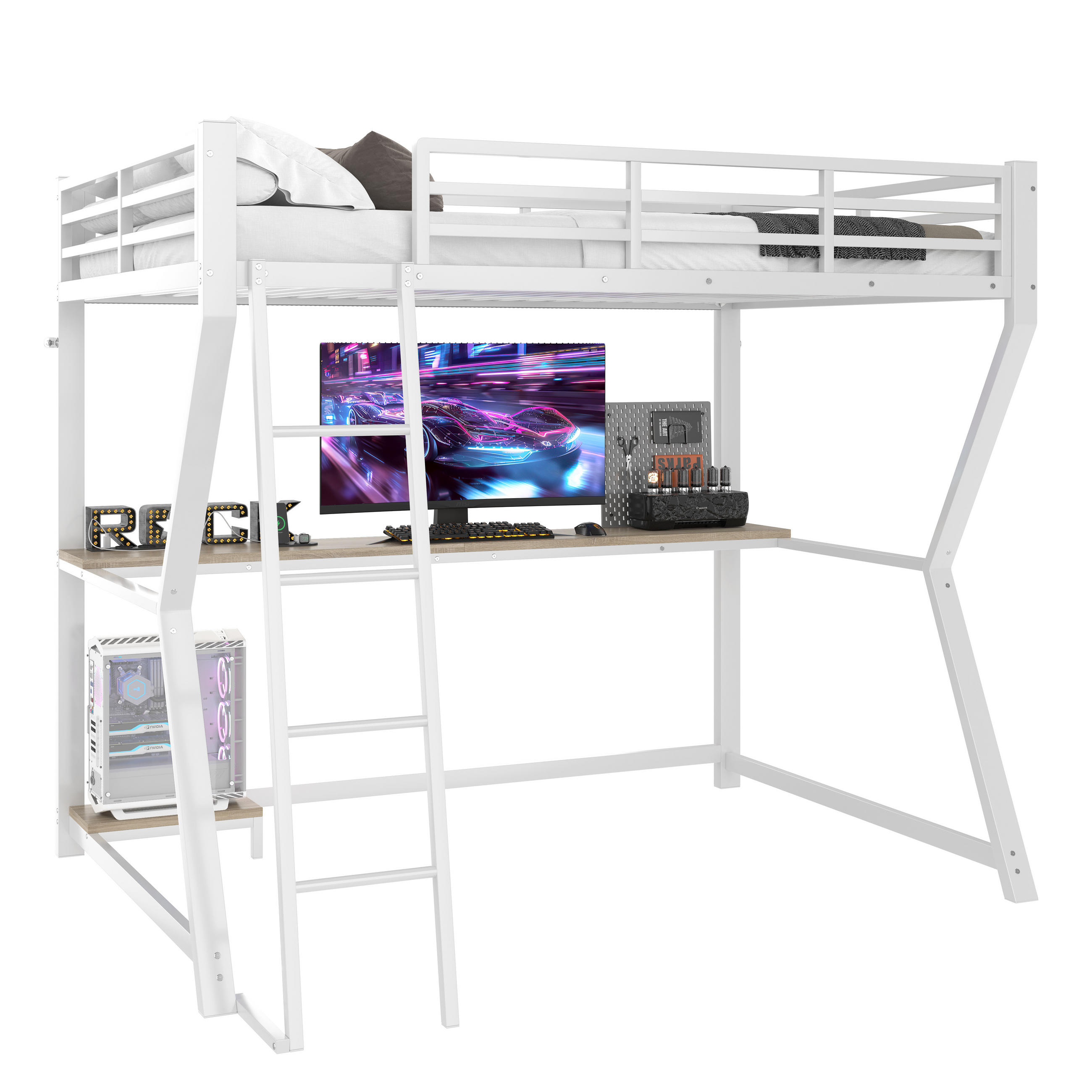 STILVORA PATROVÁ POSTEL 90/200 cm, bílá, s LED, stolem, elektrickou zásuvkou, USB a policí
