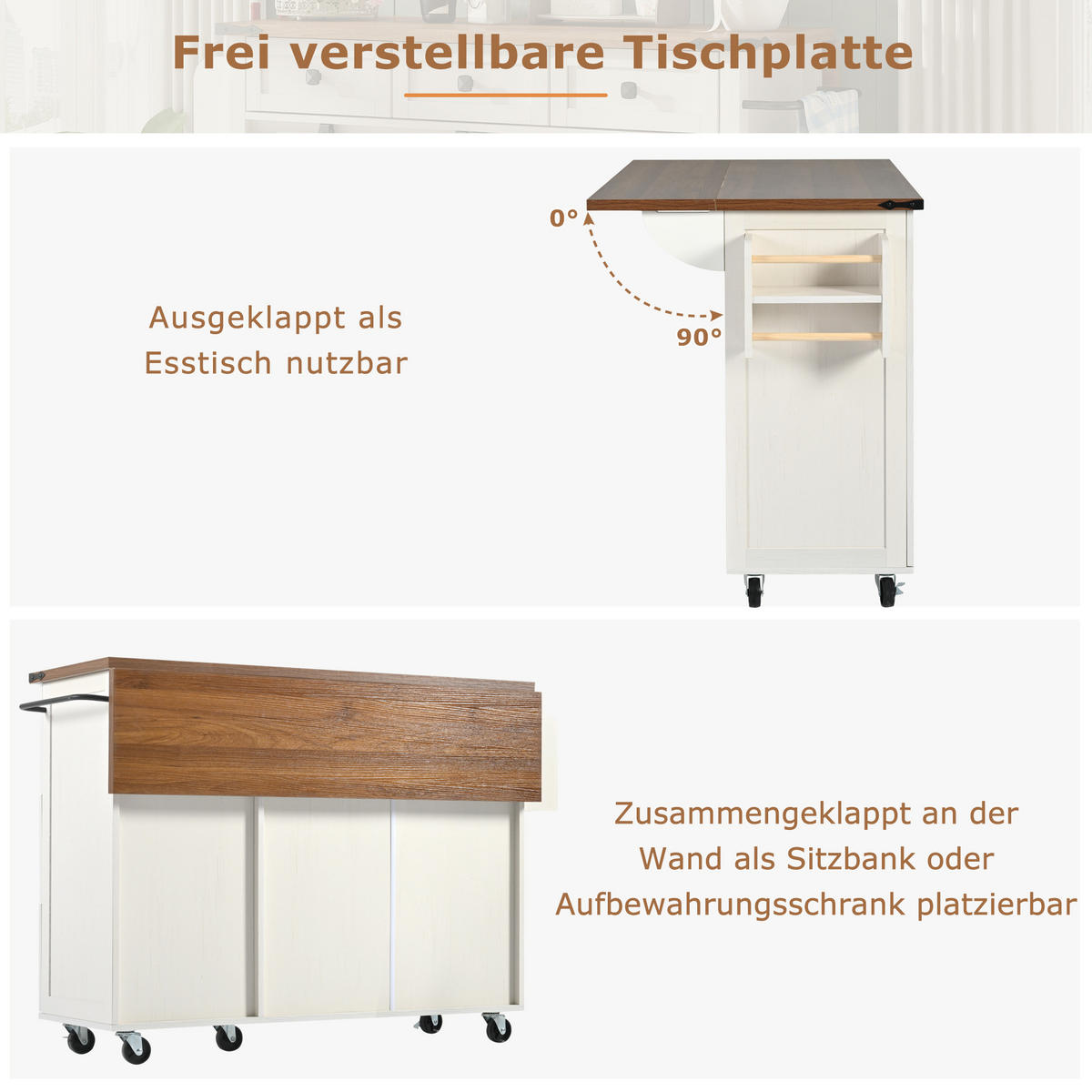 KÜCHENINSEL 140/73/92,5 cm Weiß mit Klappplatte, 3 Schubladen, 2 Türen und Rollen - Beige, Holz/Holzwerkstoff (140/92.5/45cm) - Oxeza