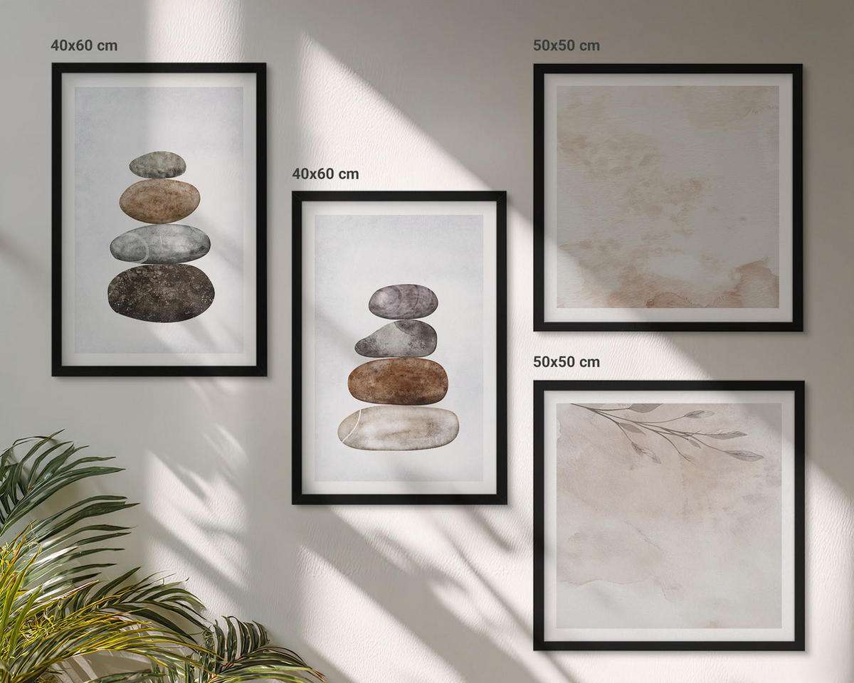 WANDBILDER 4er-Set - 50x50 cm & 40x60 cm Schwarzer Rahmen - Steinstapel-Boho-Malerei - Schwarz, Kunststoff (50/50cm) - ArtPrintCave
