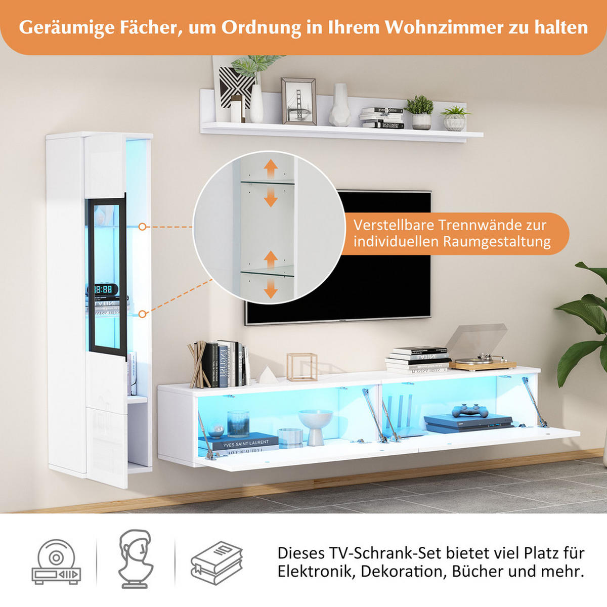 WANDSCHRANK SET 3-teilig LED Weiß 70-79 Zoll Stauraum - Weiß, Holz (42.19/11.68/149.68cm) - FLIEKS