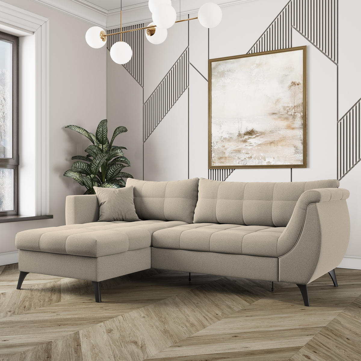 ECKSOFA MOLLIS Beige Geflochtener-Stoff mit Schlaffunktion - Beige, Holz (241/154cm) - MASSENO