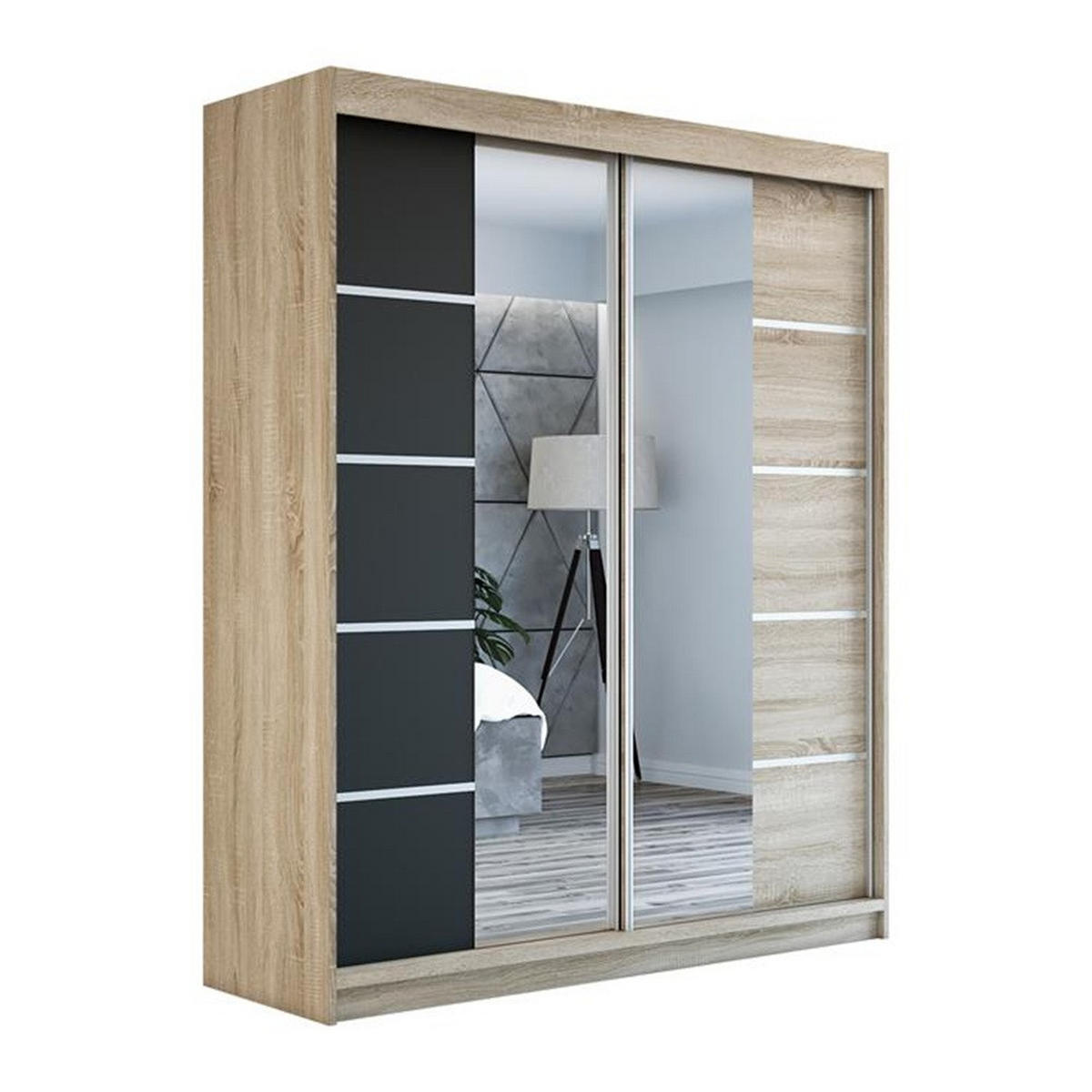 SCHWEBETÜRENSCHRANK 180 CM KRINO Farbe: Sonoma / schwarz / sonoma - Schwarz/Braun, Holzwerkstoff (180/215/59.5cm) - A&J MöbelLand