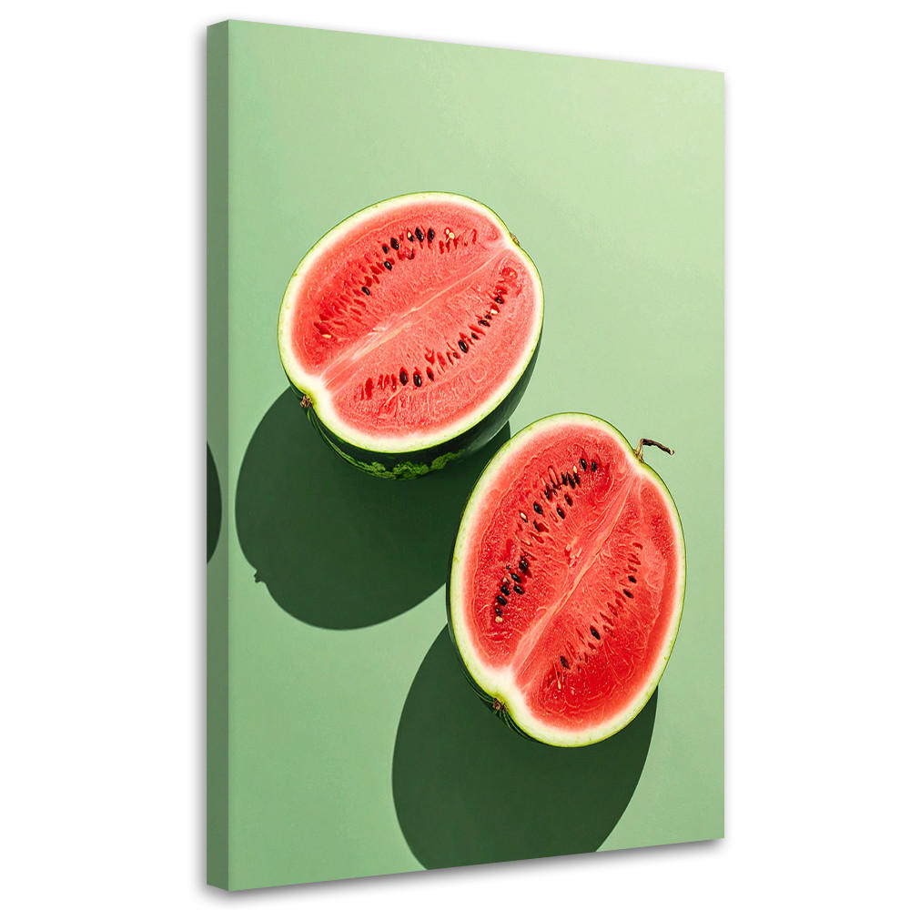 LEINWANDBILD, Saftige Wassermelonenhälften auf pastellgrünem Hintergrund - Grün, Textil (20/30cm) - Feeby