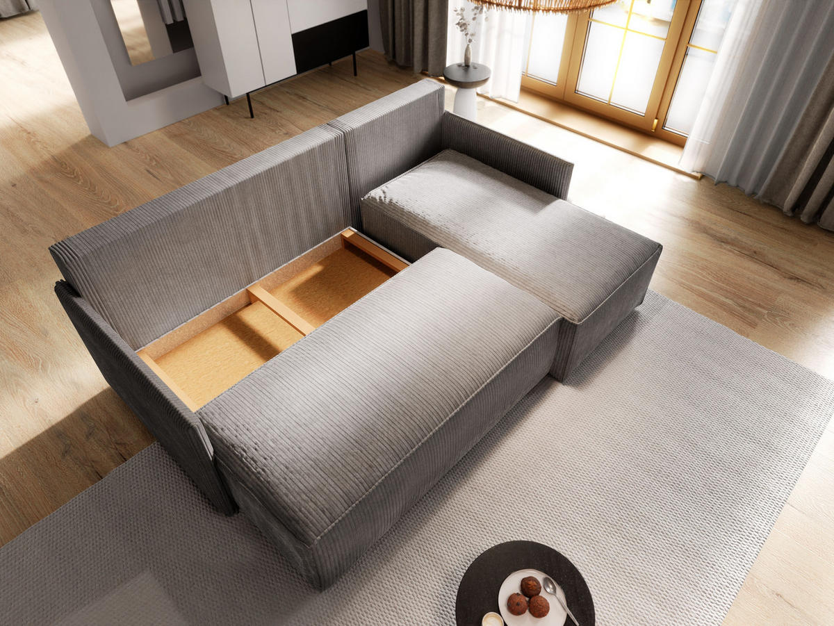 ECKSOFA PERUSI Schwarz Kordstoff mit Schlaffunktion - Schwarz, Holz (206/143cm) - MASSENO
