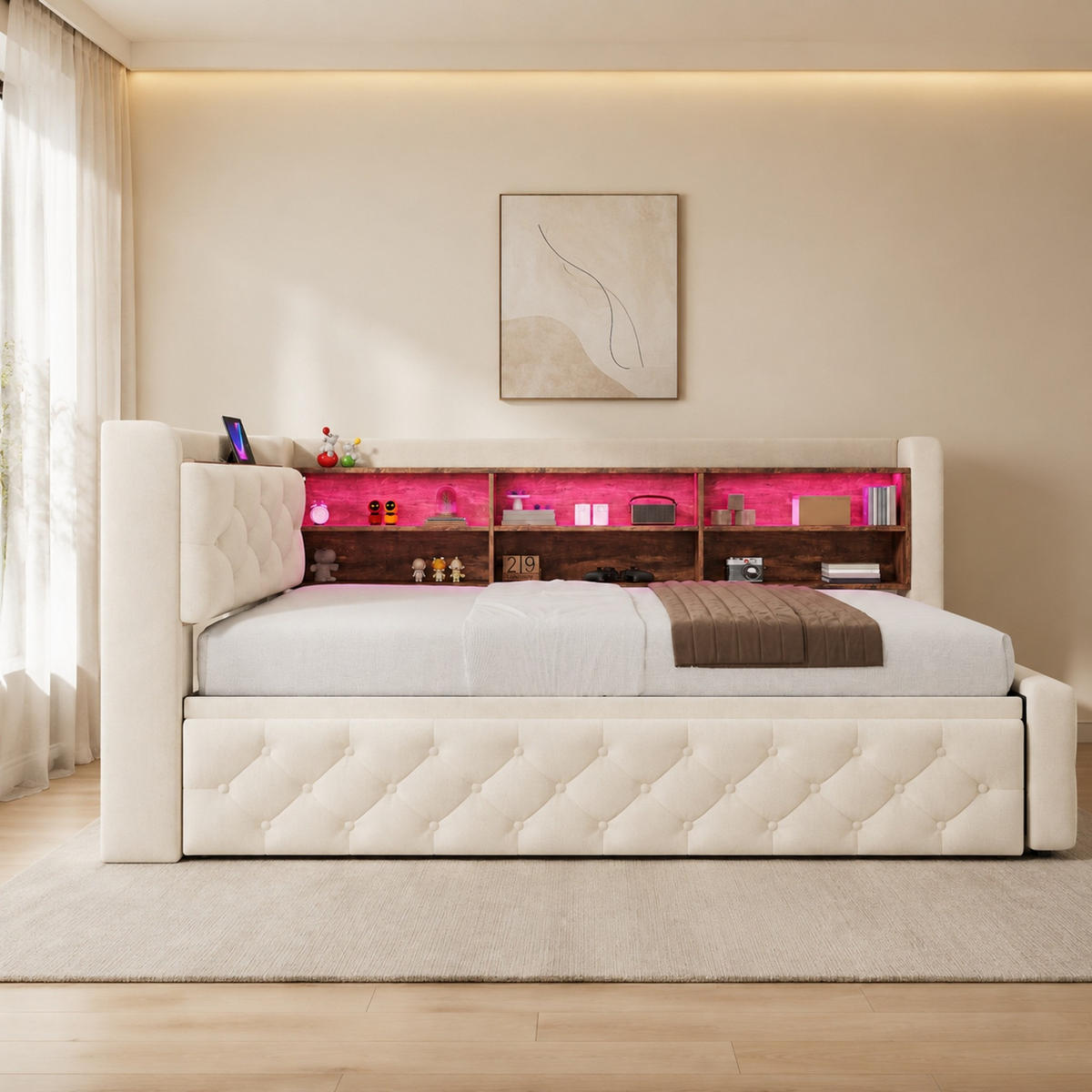 POLSTERBETT 90/190 mit Stauraum, LED und USB/Type-C in Beige - Beige, Holzwerkstoff/Textil (90/190cm) - EVRYAE