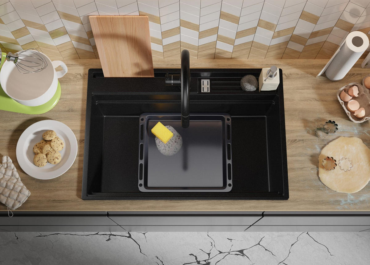 SPÜLBECKEN Oslo Pocket, 2-er set Alles Schwarz 78/53 cm 1 Becken + Ablauf-Set + Küchenzubehörset ab 80er Unterschrank - Beige/Schwarz, Kunststoff (78/20/53cm) - Primagran