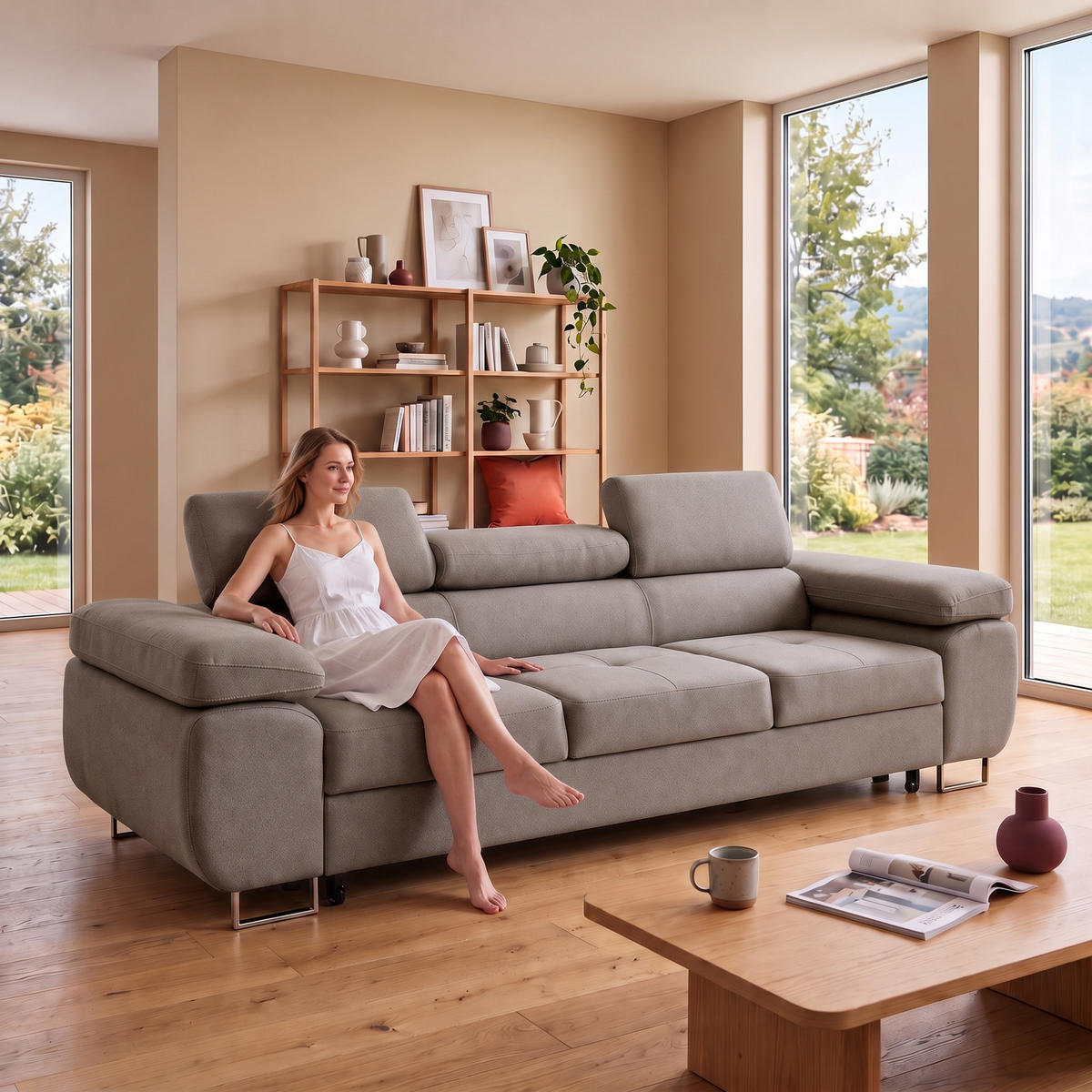 3-SITZER-SOFA WILD mit Schlaffunktion 127x190 Velours Hellgrau - Chromfarben/Hellgrau, Holz/Textil (262/90/102cm) - Muffo