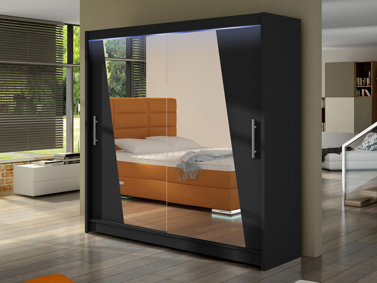 KLEIDERSCHRANK London XIV, mit RGB LED Beleuchtung - Silberfarben/Schwarz, Holzwerkstoff/Kunststoff (180/215/58cm) - MIRJAN24