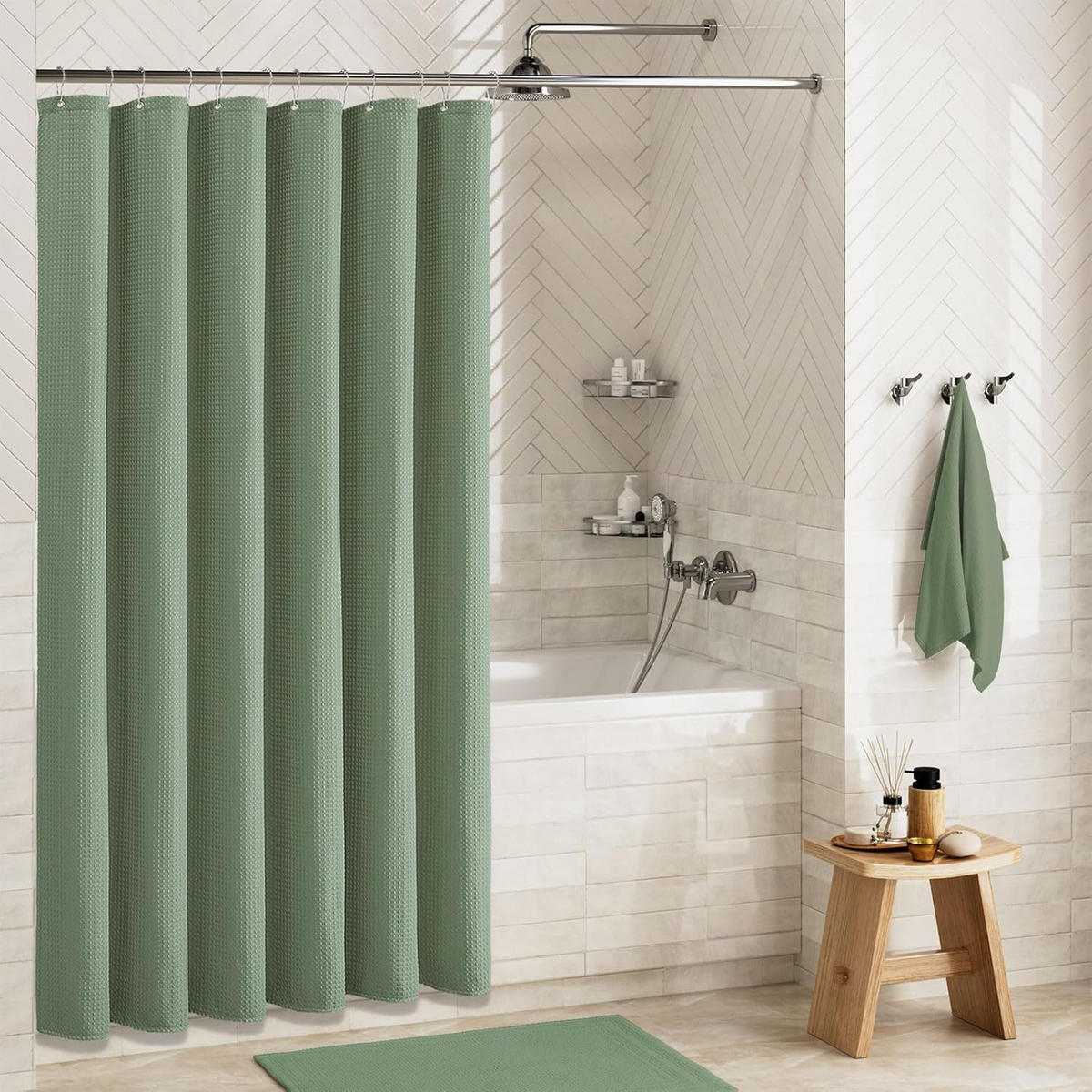 DUSCHVORHANG Grün Waffelstruktur Polyester langlebig schimmelresistent waschbar mit Haken Luxus modern - Grün, Textil (183/183cm) - MCBOSON
