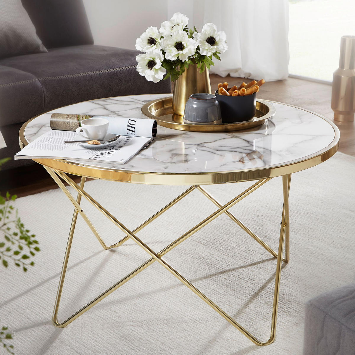 COUCHTISCH in Marmor-Optik mit filigranem Metallgestell in Gold - Goldfarben, Holz/Metall (85/85/49cm) - KADIMA DESIGN