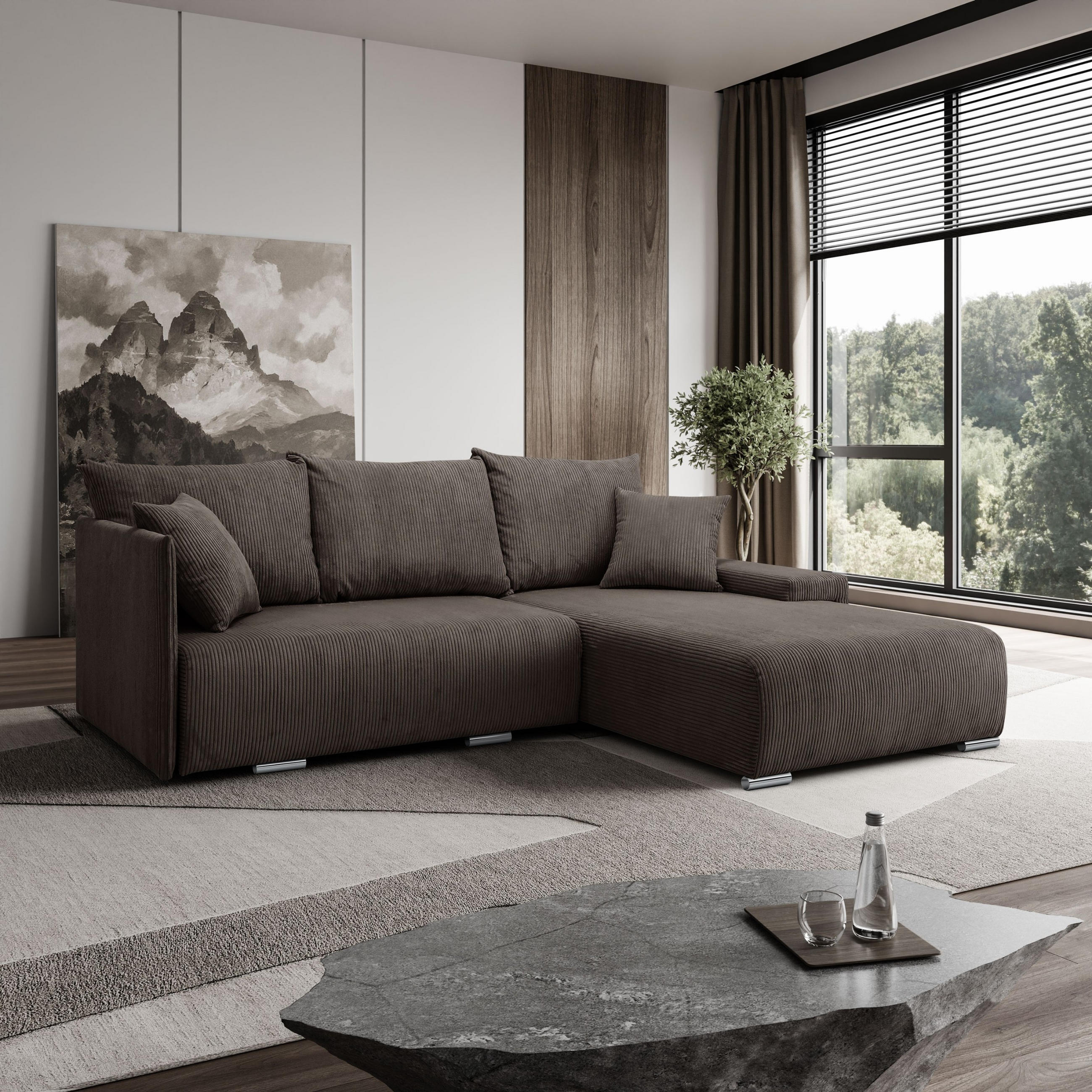 ECKSOFA L-Form Schlaffunktion Livorno Cord-Stoff Braun Rechts - Chromfarben/Schwarz, Holz/Kunststoff (246/188cm) - Kaiser Möbel