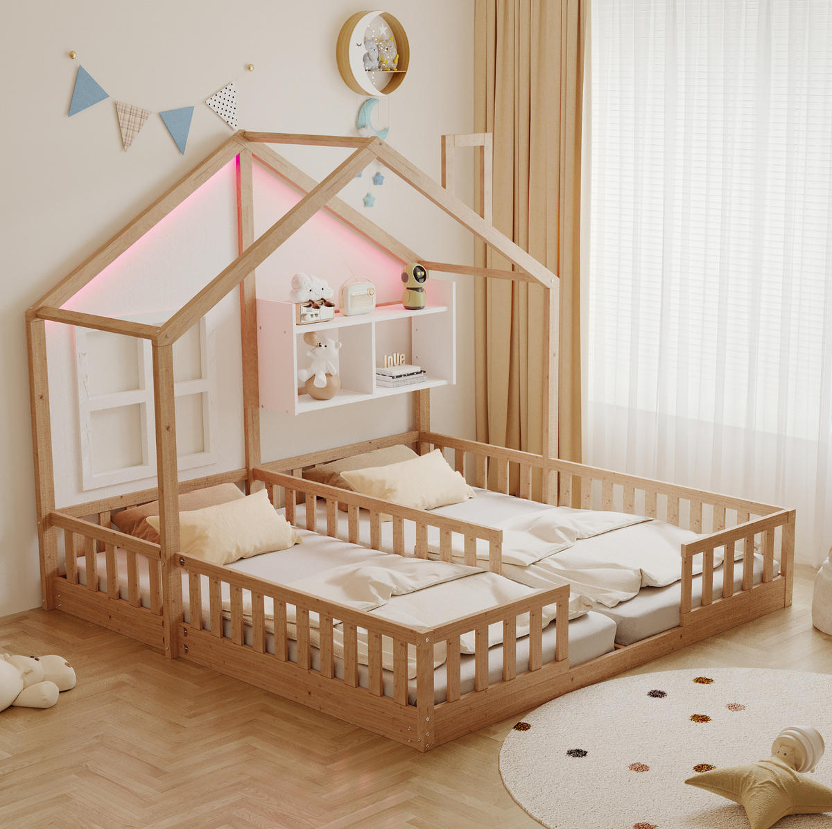 HAUSBETT 90/200 cm natur aus Massivholz und MDF mit LED und Sicherheitsgitter - Naturfarben, Holz (90/200cm) - OKWISH