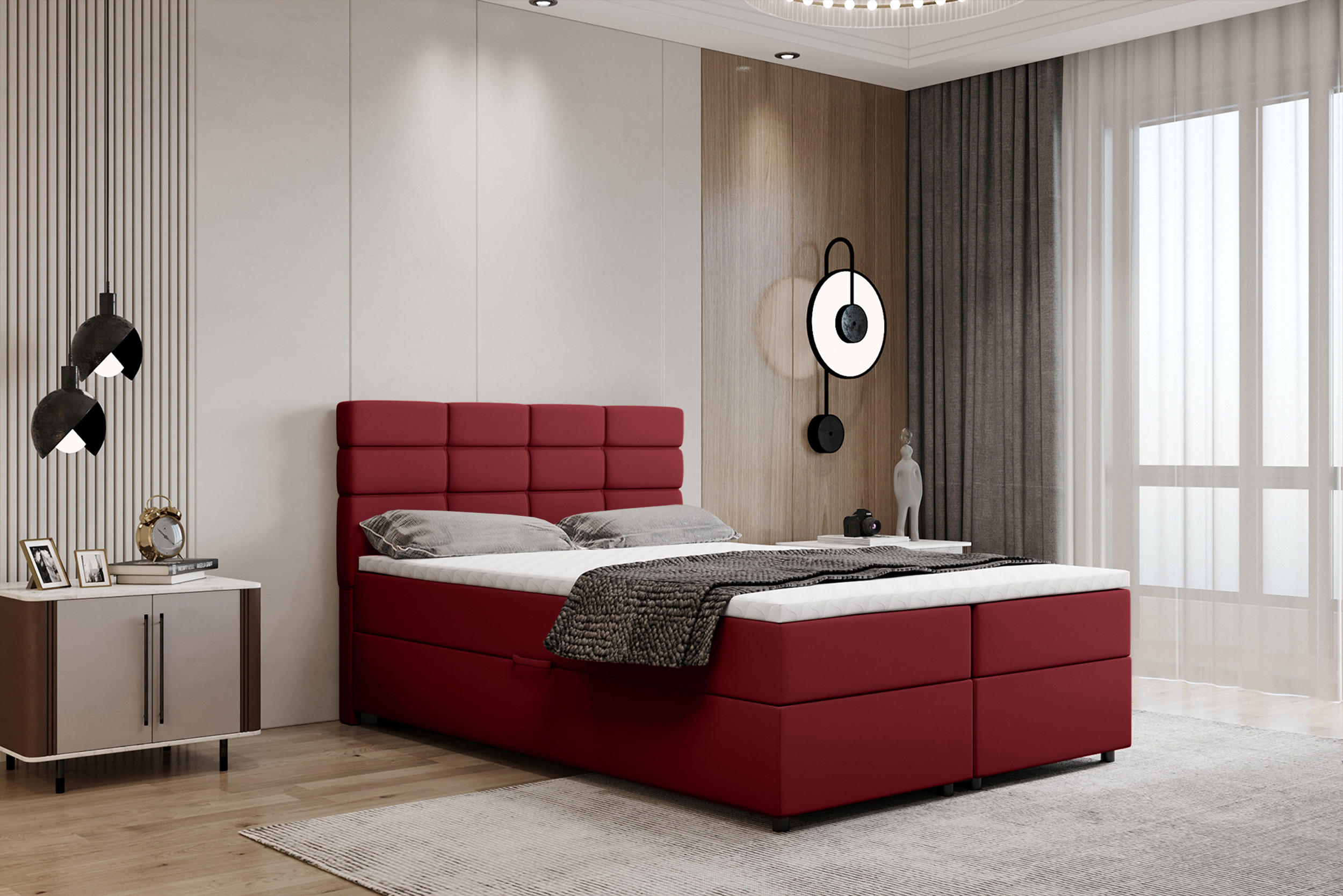 BOXBETT Reve 140 x 200 cm mit Bettkasten und Lattenrost ohne matratze - rot - Hellgrau, Holz (140/200cm) - Panda Möbel