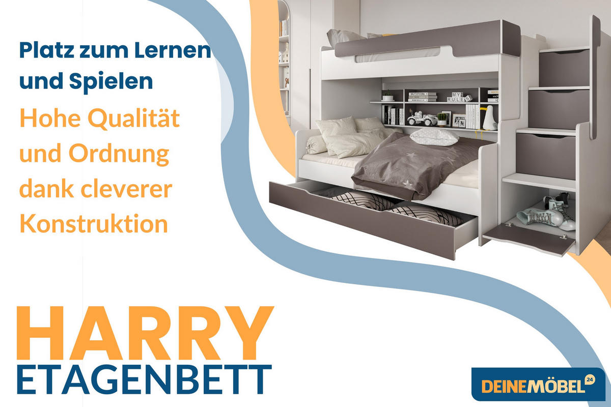 ETAGENBETT HARRY 90/200 + 120/200 in Weiß + Grau - Weiß/Grau, Holzwerkstoff - Deine Möbel 24
