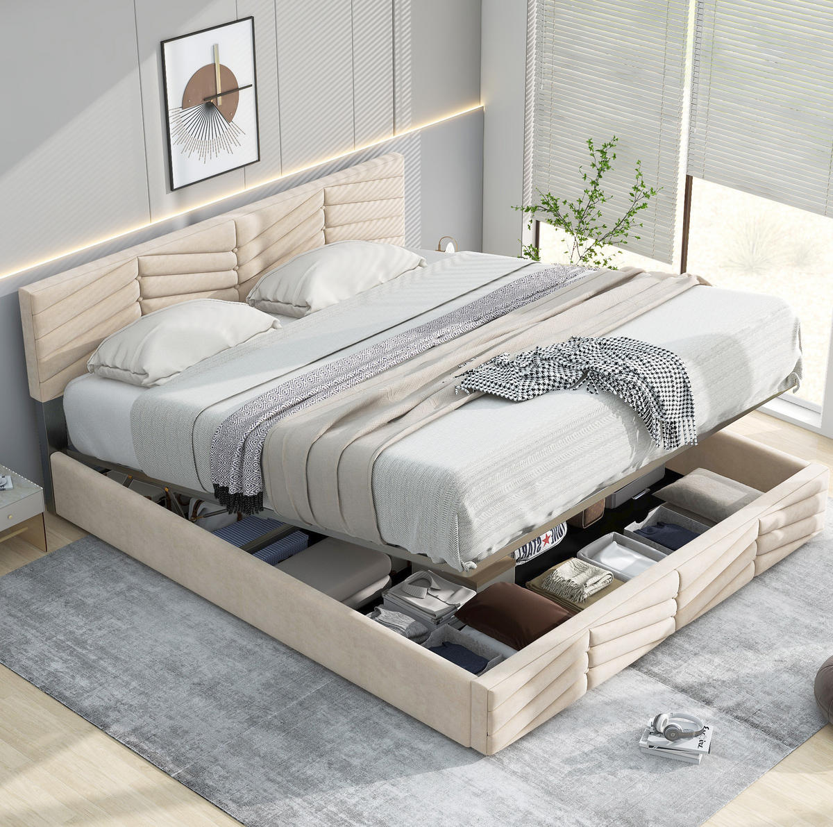 POLSTERBETT 140/200 cm Beige aus Samt mit höhenverstellbarem Kopfteil - Beige, Textil (140/200cm) - OKMYHOME