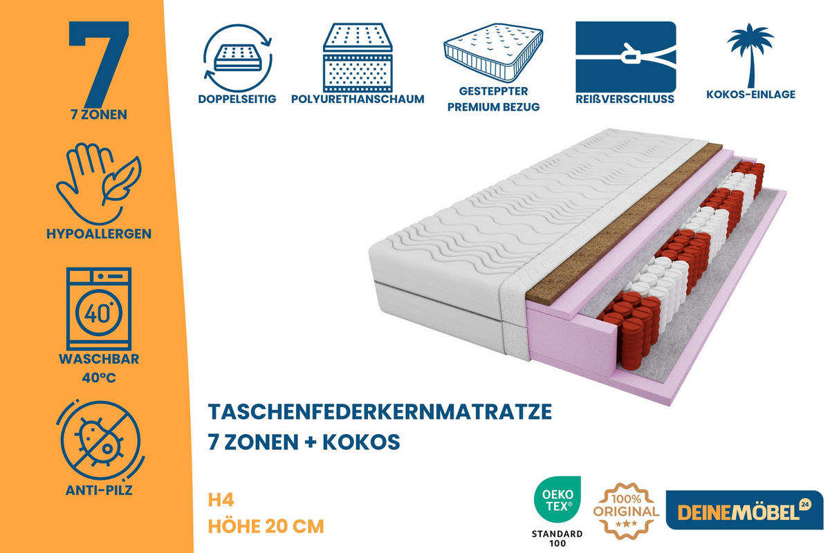 TASCHENFEDERKERNMATRATZE 7 Zonen + KOKOS 90/200 Weiß H4 - Weiß, Textil (90/200cm) - Deine Möbel 24