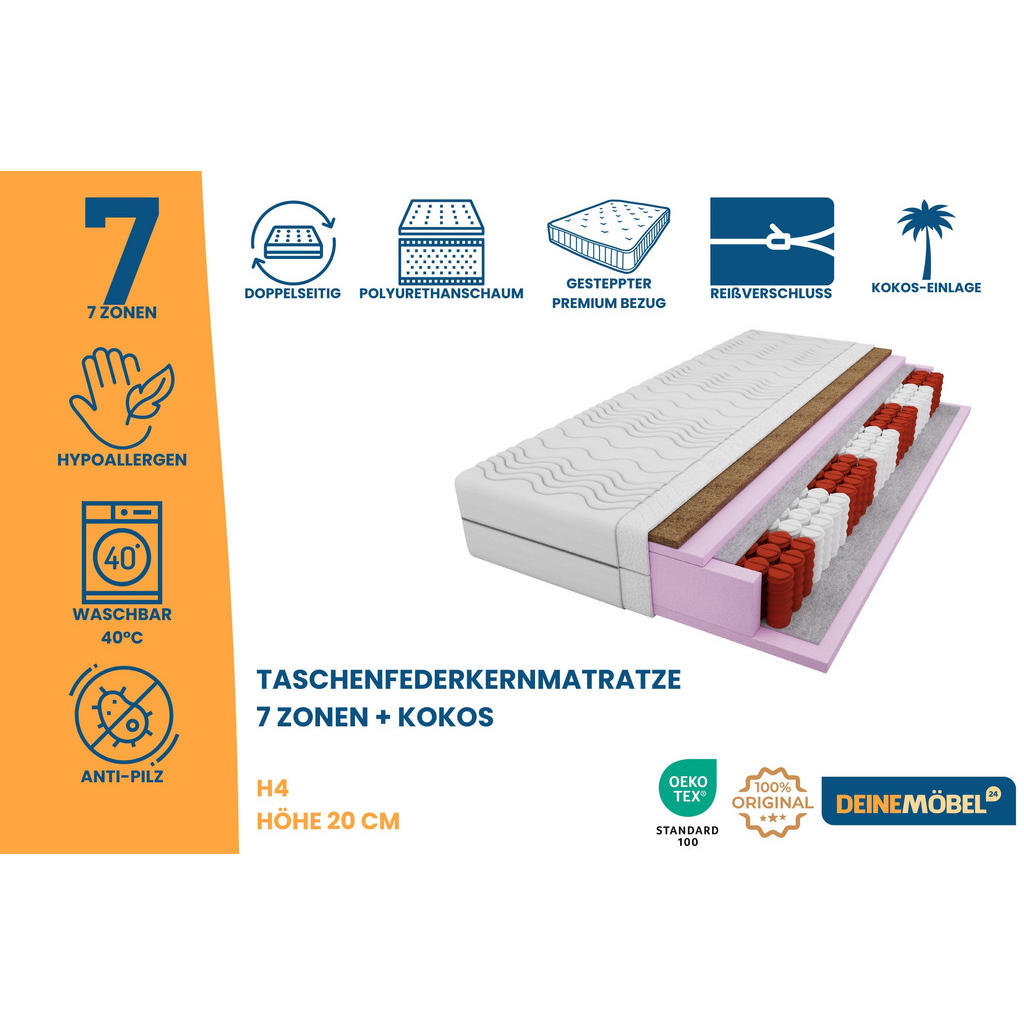 Thumbnail - Deine Möbel 24 Taschenfederkernmatratze, Weiß, Textil, H4, 100x200 cm, atmungsaktiv, antibakteriell, Schlafzimmer, Matra...